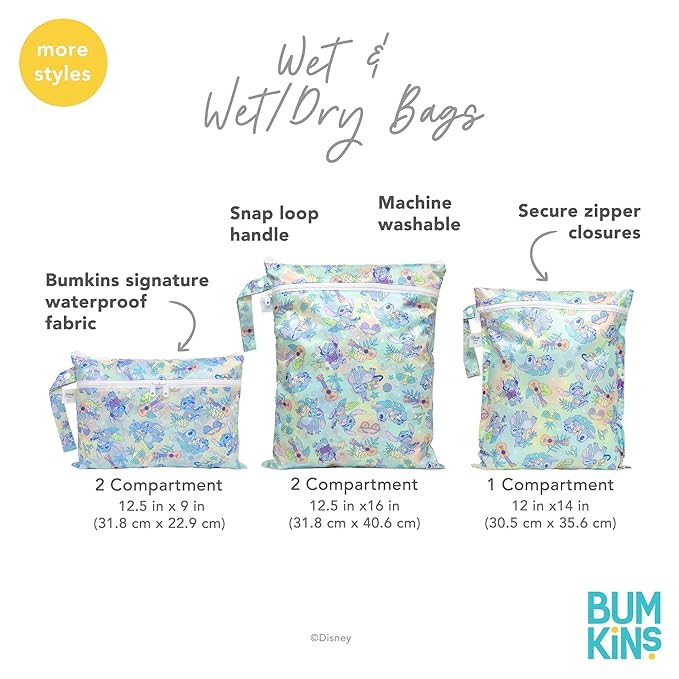 Bumkins Disney Ariel Waterproof Wet Bag for Baby, Travel, Swim Suit, Cloth Diapers, Pump Parts, Pool, Beach, Gym Clothes, Toiletry, Hook to Stroller, Daycare, Zipper Reusable Wetdry Packing Pouch