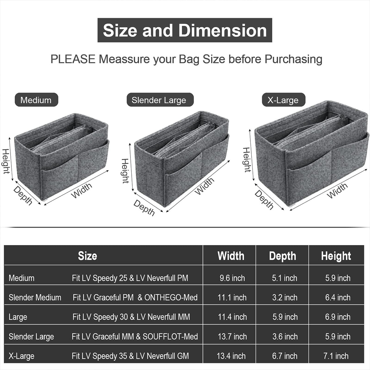 OMYSTYLE Grey Organizer Insert, Felt Tote Bag Organizer Insert with 5 Sizes, Handbag Dividers for Inside Purse, Compatible with Longchamp, Neverful, Speedy and More