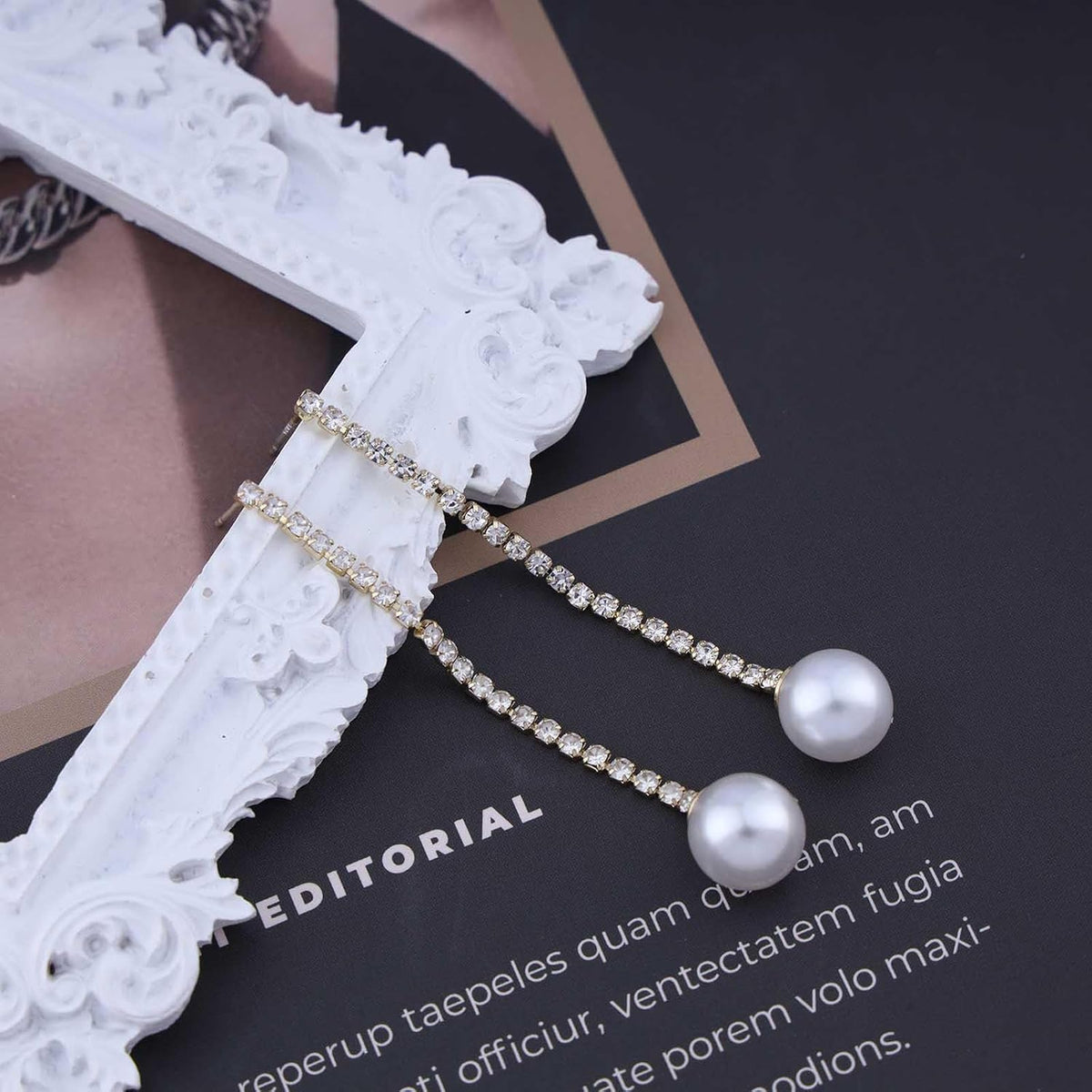 Vintage Rhinestone Pearl Drop Earrings Gold Long Tassel Pearl Earrings Linear Crystal Chain Earrings Cz Rhinestone Tennis Earrings Jewelry for Women