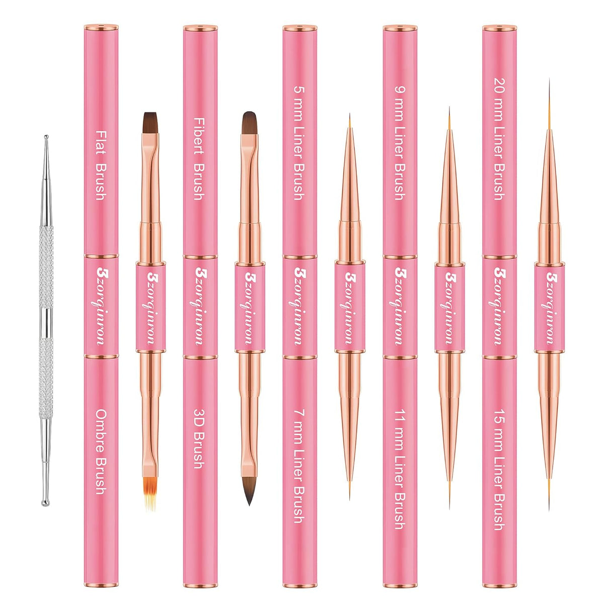 Nail Art Bushes Set, Professional 5Pcs Double-Ended Nail Brush Kit for Details, Long Lines, Ombre & 3D Design-Perfect for DIY Manicures & Salons (Pink)