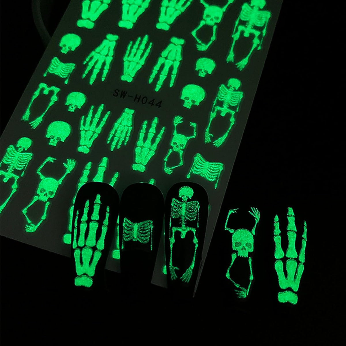Glow in The Dark Nail Art Stickers Halloween Skull Nail Decals 6PCS Spider Web Skeleton Nails Design 3D Self-Adhesive Nail Art Supplies Halloween Stickers for Nails Luminous for Women DIY Manicure