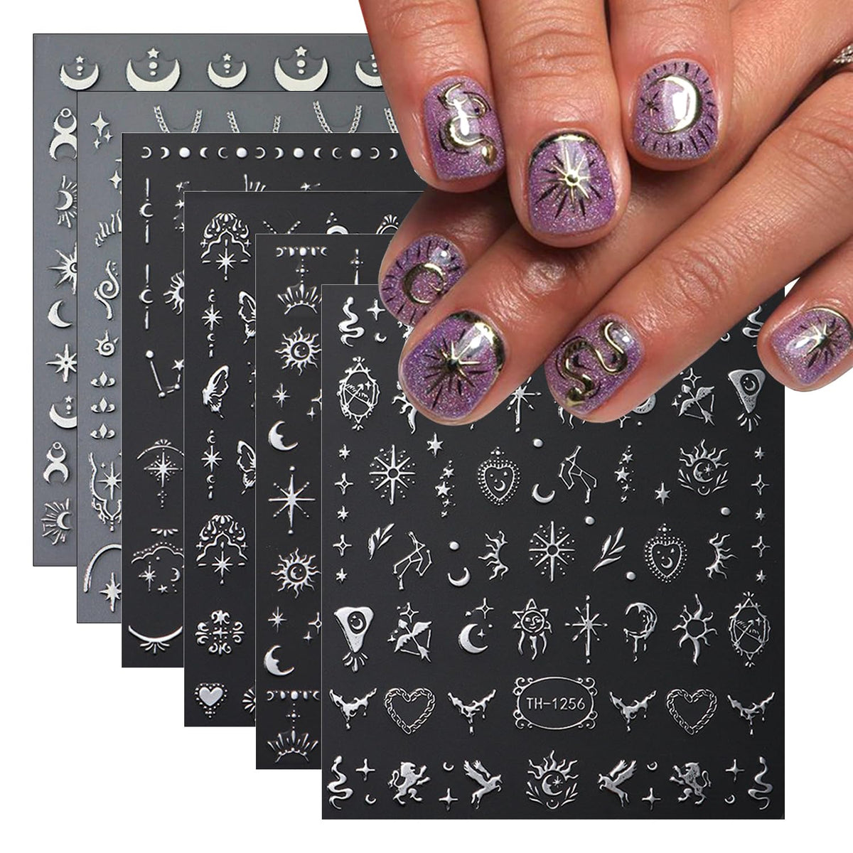 6 Sheets Metallic Nail Art Stickers Decals-3D Self-Adhesive Sun Stars Moon Nail Design Luxury Silver Metallic Nail Supplies Designer Nail Stickers for Women Acrylic Nails Decorations Accessories Craft