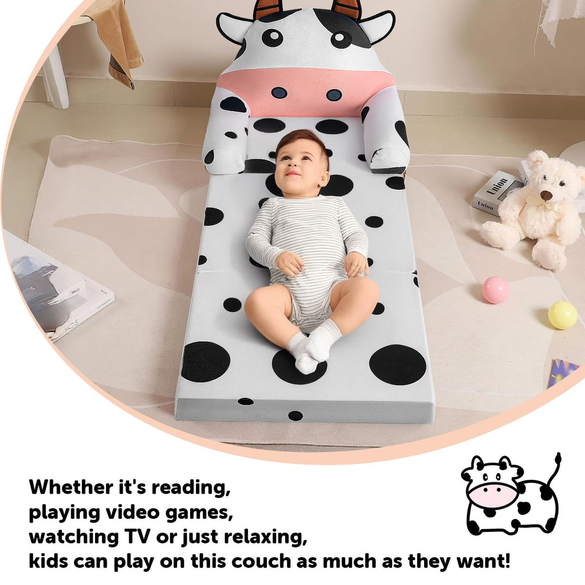 Kids Sofa Comfy, Adorable Animal Toddler Chair, Foldable Kids Couch with Removable Washable Cover, Soft & Breathable Fabric, No Assembly Needed, Foldable Baby Sofa(Dairy Cow)