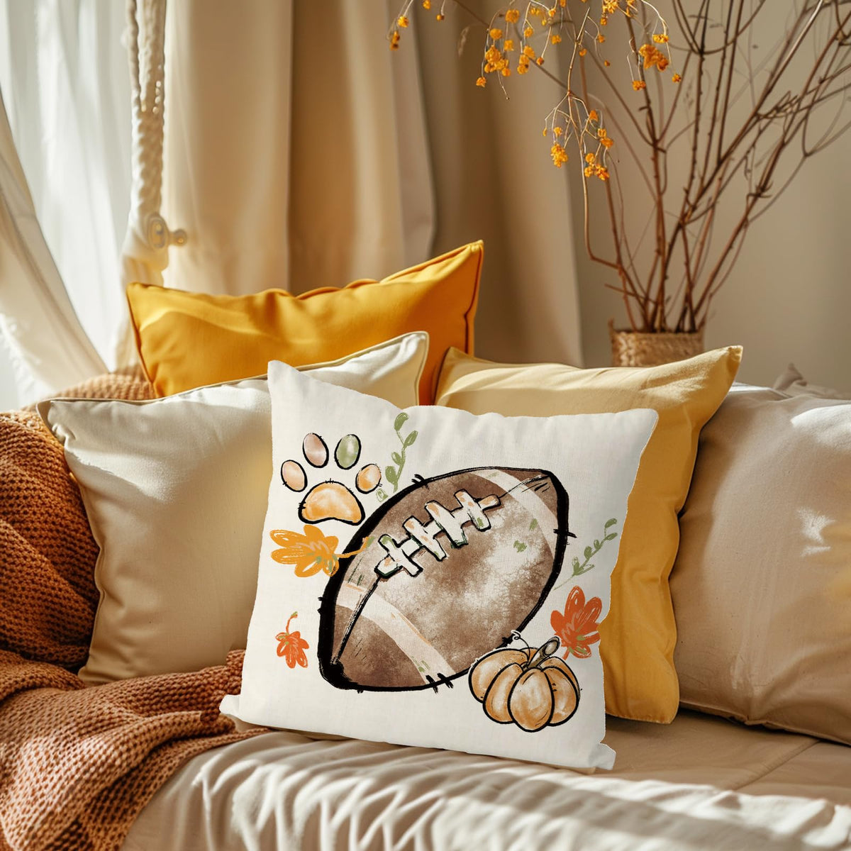 QIONG MENG Fall Pillow Covers 18x18 Inch Set of 4 Football Dog Paws Throw Pillow Covers Pumpkins Autumn Harvest Pillowcase Farmhouse Home Decorations Sofa Bedroom Cushion Case