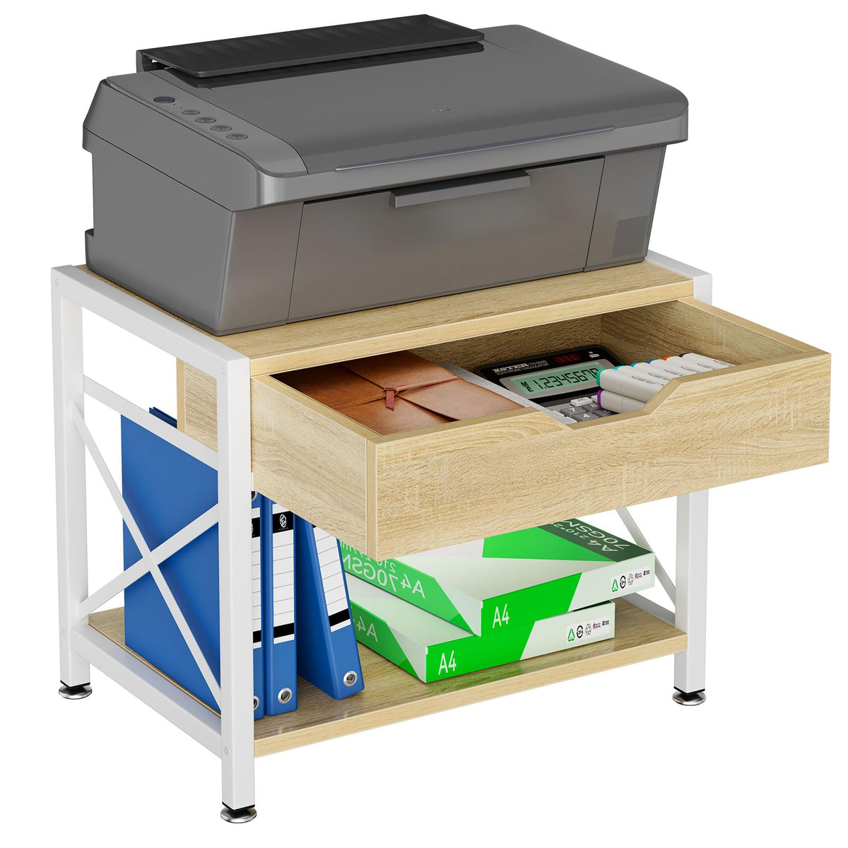 IBUYKE 2 Tier Desktop Printer Stand,Multi-Purpose Desk Organizer,Wooden Printer Stand with Drawer Storage for Folders,Books,for Fax Machine, Scanner,Home Office,Light Wood TLJ012R