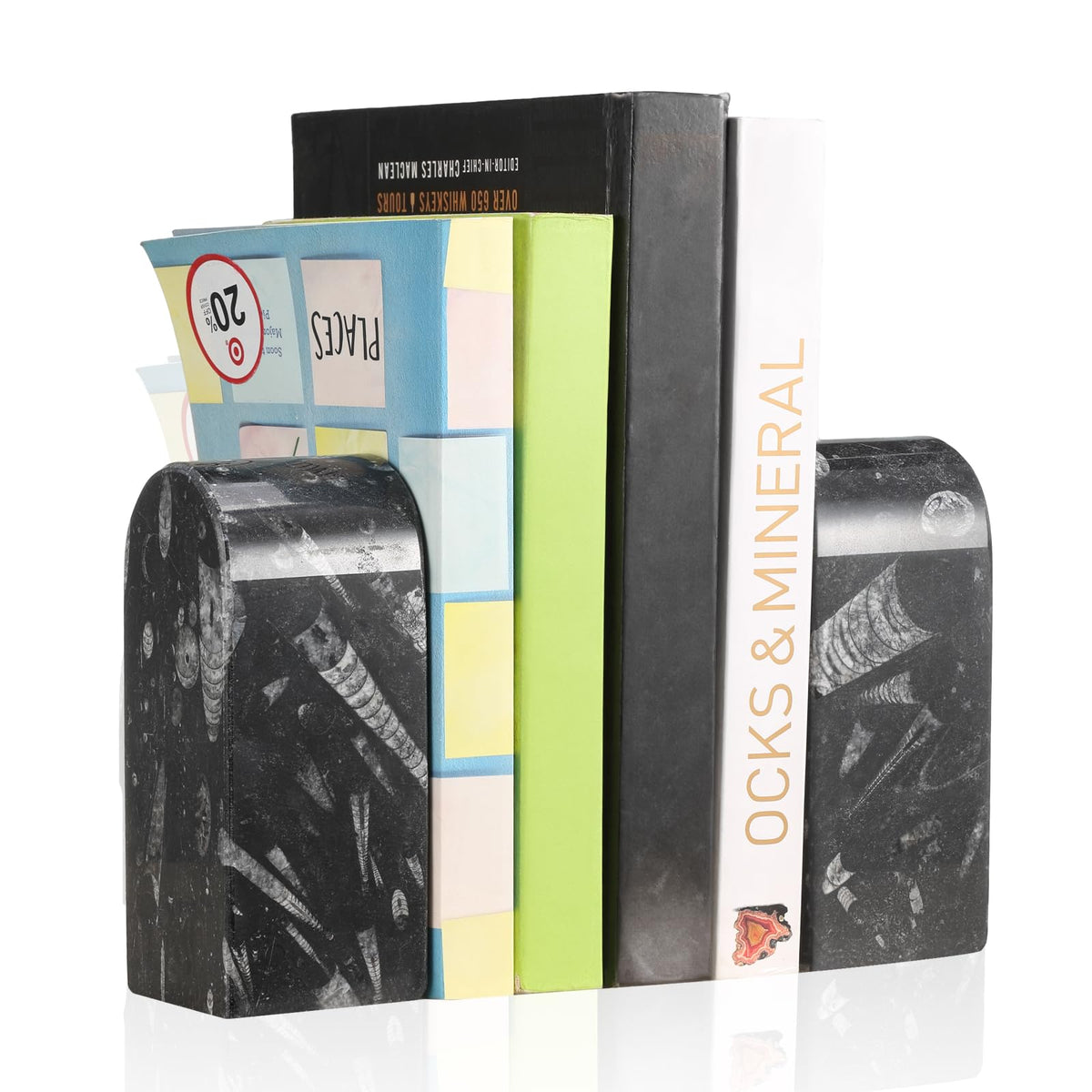 Koville Moroccan Natural Marble Bookends for Shelves, Decorative Book Ends, 7lbs Heavy-Duty Marble Book Holders, Bookshelf Apartment Decor for Normal Books/CD/Video Games(Black Fossil)