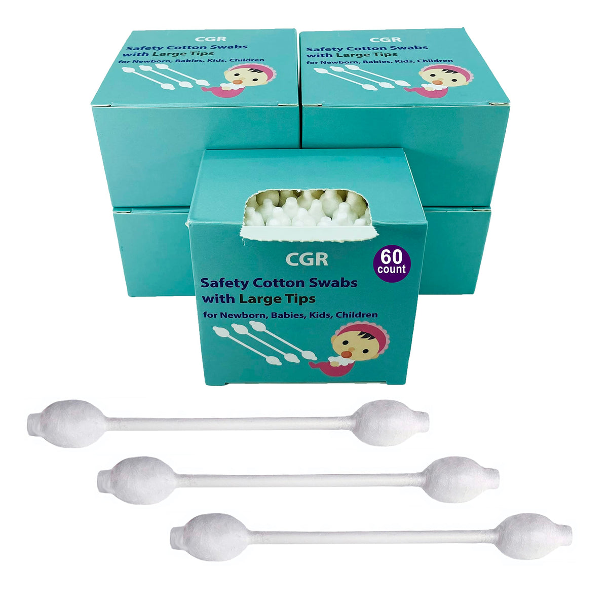 400pcs CGR Baby Safety Cotton Swabs with Large Tips for Newborn, Babies, Kids, Children, 100% Organic Cotton, White Paper Sticks, 5 Pack of 80 Swabs Total(2 Boxes and 3 Bags)