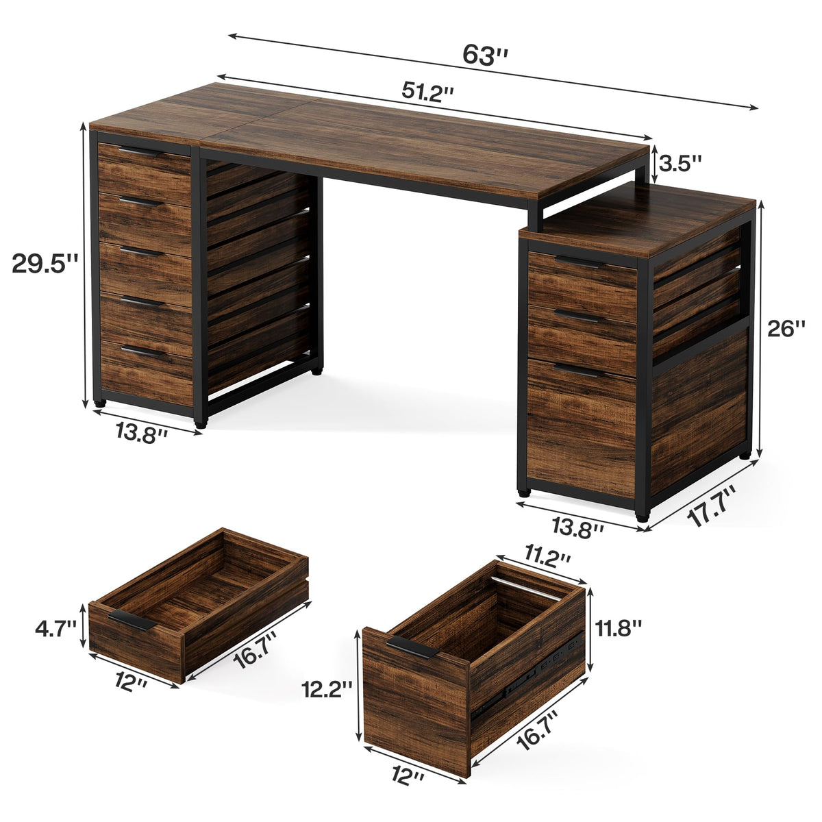 Tribesigns Computer Desk with 8 Drawers, 63" Office Desk with Reversible File Cabinet and Storage Drawers, Industrial PC Desk Study Writing Table Workstation for Home Office, Rustic Brown