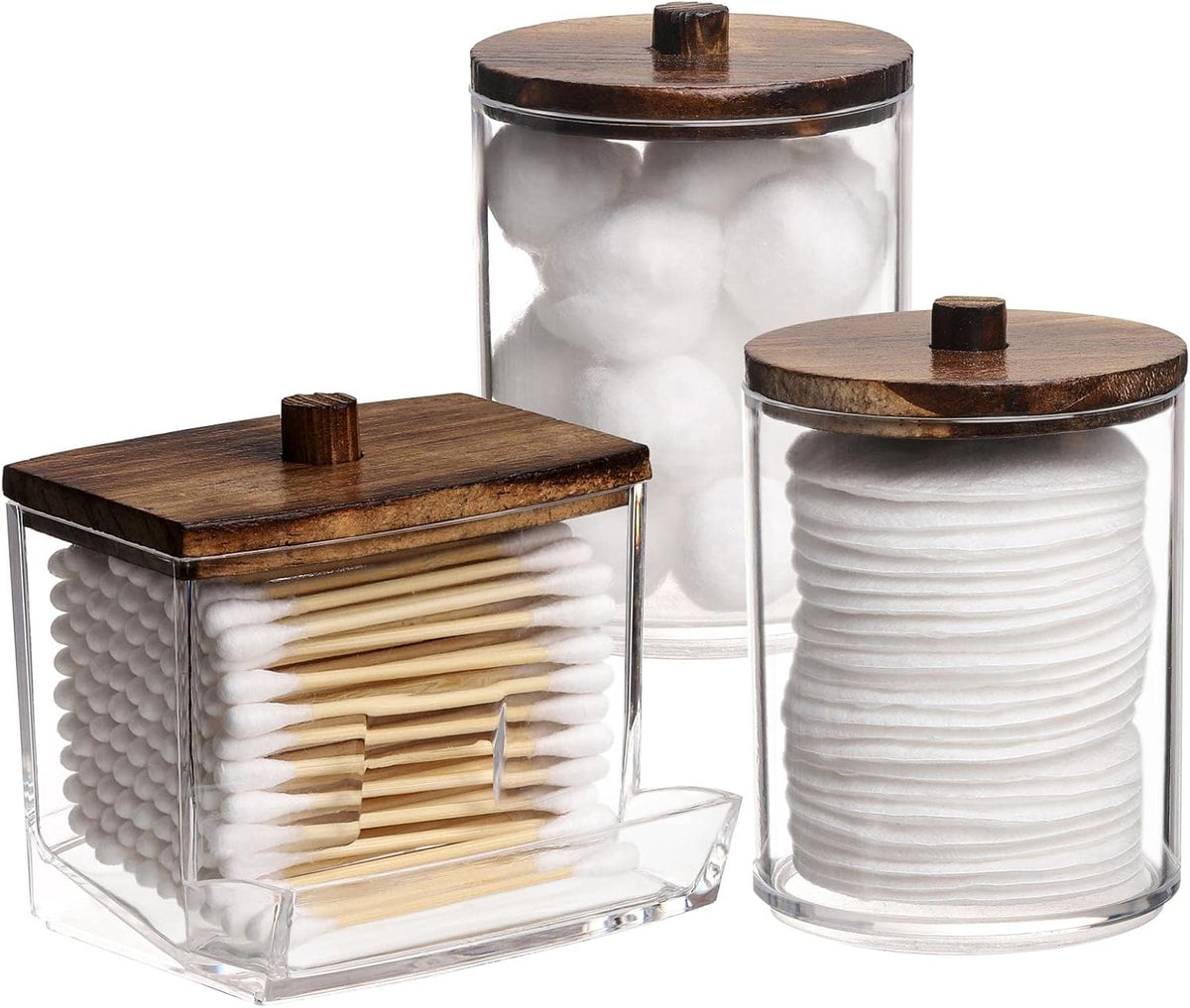 Tbestmax Qtips Holder Bathroom Container, 10/7 OZ Cotton Ball/Swabs Dispenser, Apothecary Jar Organizer for Storage Brown Wood Lids