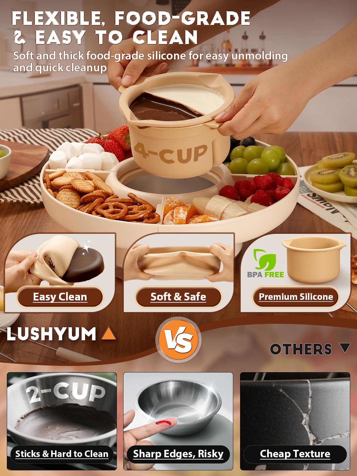 LUSHYUM Chocolate Fondue Pot Set Electric Melting Machine, 4-Cup Capacity 4 Trays 5 Forks 1 Spatula Cheese Warmer, Ideal Gift for Couple Family & Date Night Idea House Warming Holidays Essentials