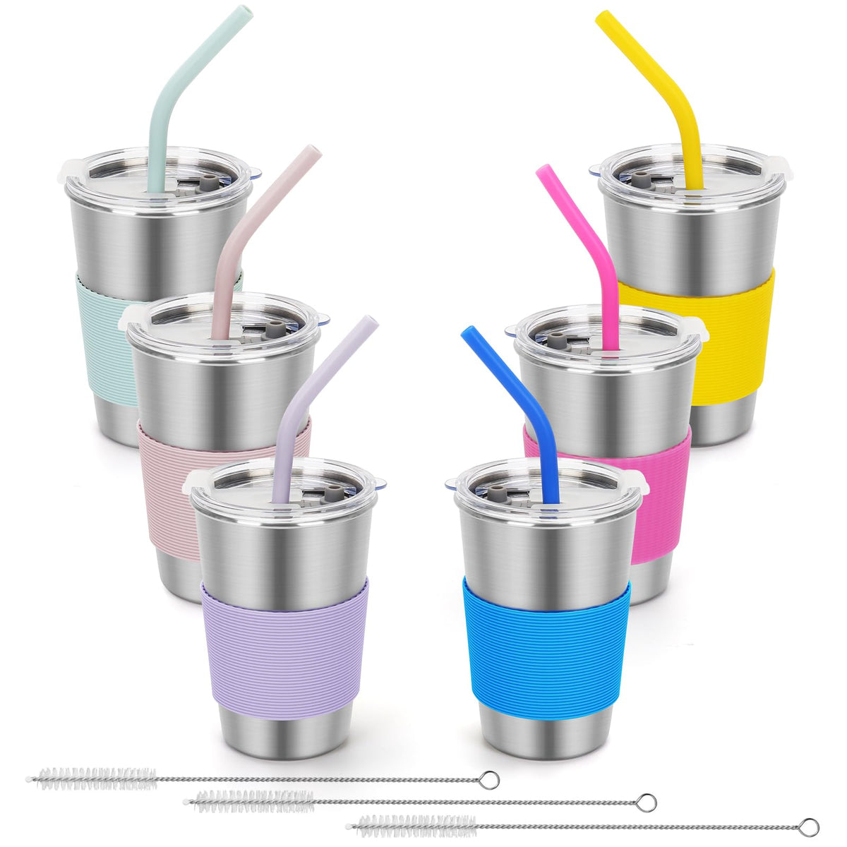 Rommeka Kids Stainless Steel Cups, 16oz Kids Tumbler with Lid and Straw, 6 Color Unbreakable Metal Spill Proof Cups for Adults and Children