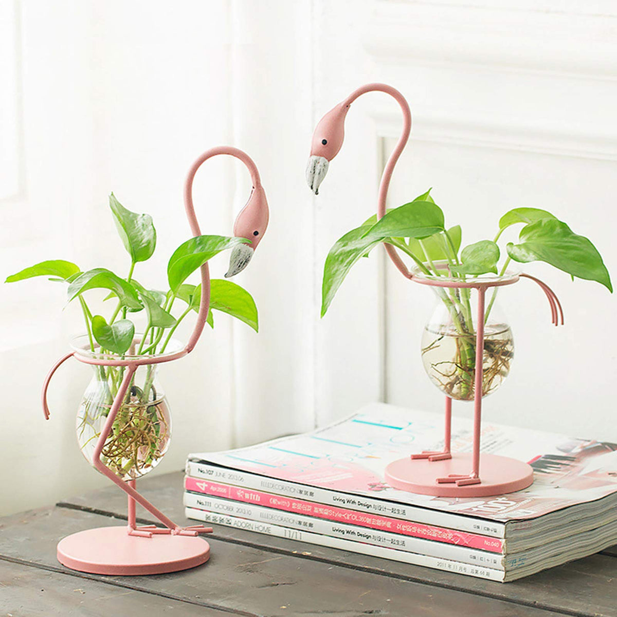 Hydroponics Vase for Plants, Pink Flamingo Hydroponics Planter Bulb Vase, Propagation Planters Glass Vase for Home Office Desk Decor (Pink, Upright)