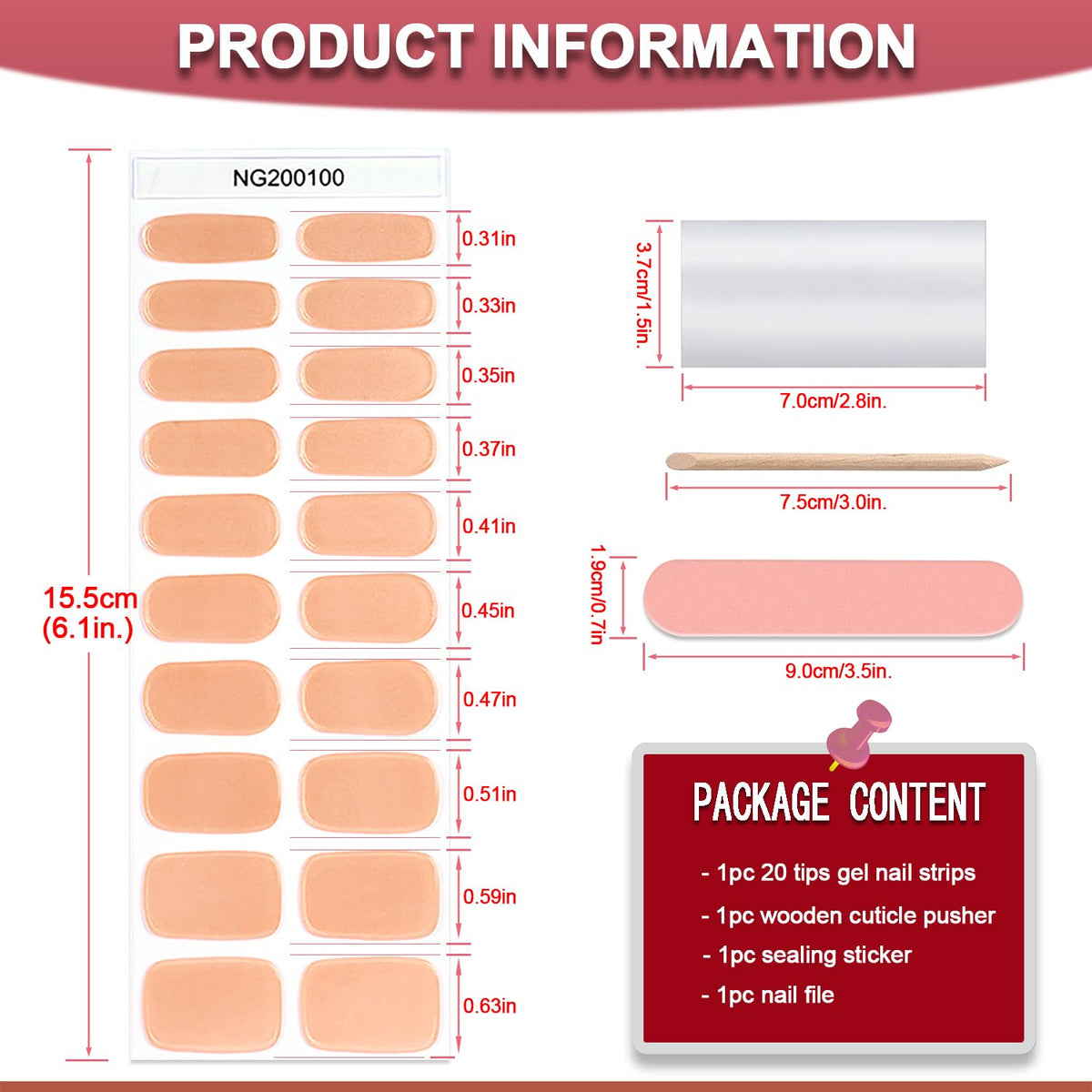 WOKOTO 20 Pcs Chrome Peach Pink Semi Cured Gel Nail Strips with Nail File & Wooden Stick Holographic Nail Gel Strips UV Light Gel Nail Stickers Full Nail Wraps Stick On Nails Color Strips for Women