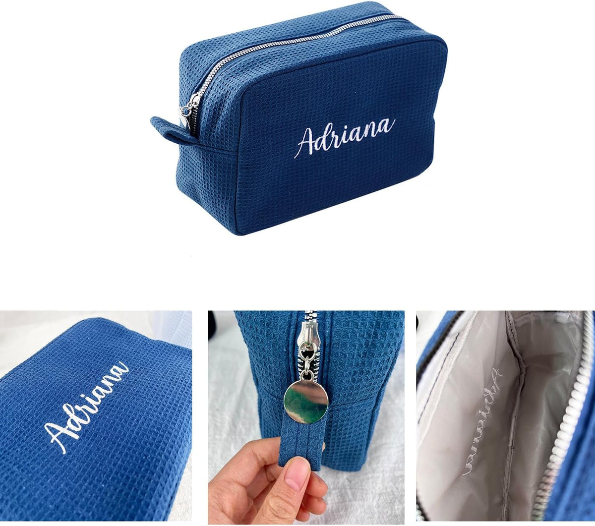 GOPHIE Personalized Embroidered Makeup Bag,Custom Waffle Fabric Cosmetic Pouch for Women, Travel Makeup Pouch (1, Navy Blue)