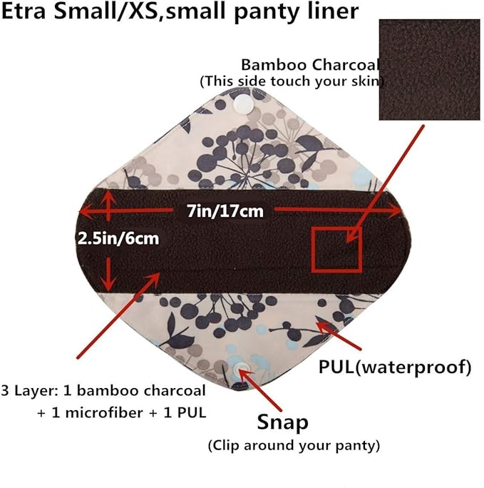 5 XS Panty Liners 1 Wet Bag Cloth Menstrual Pads Reusable Washable (Floral, XS Panty Liners)