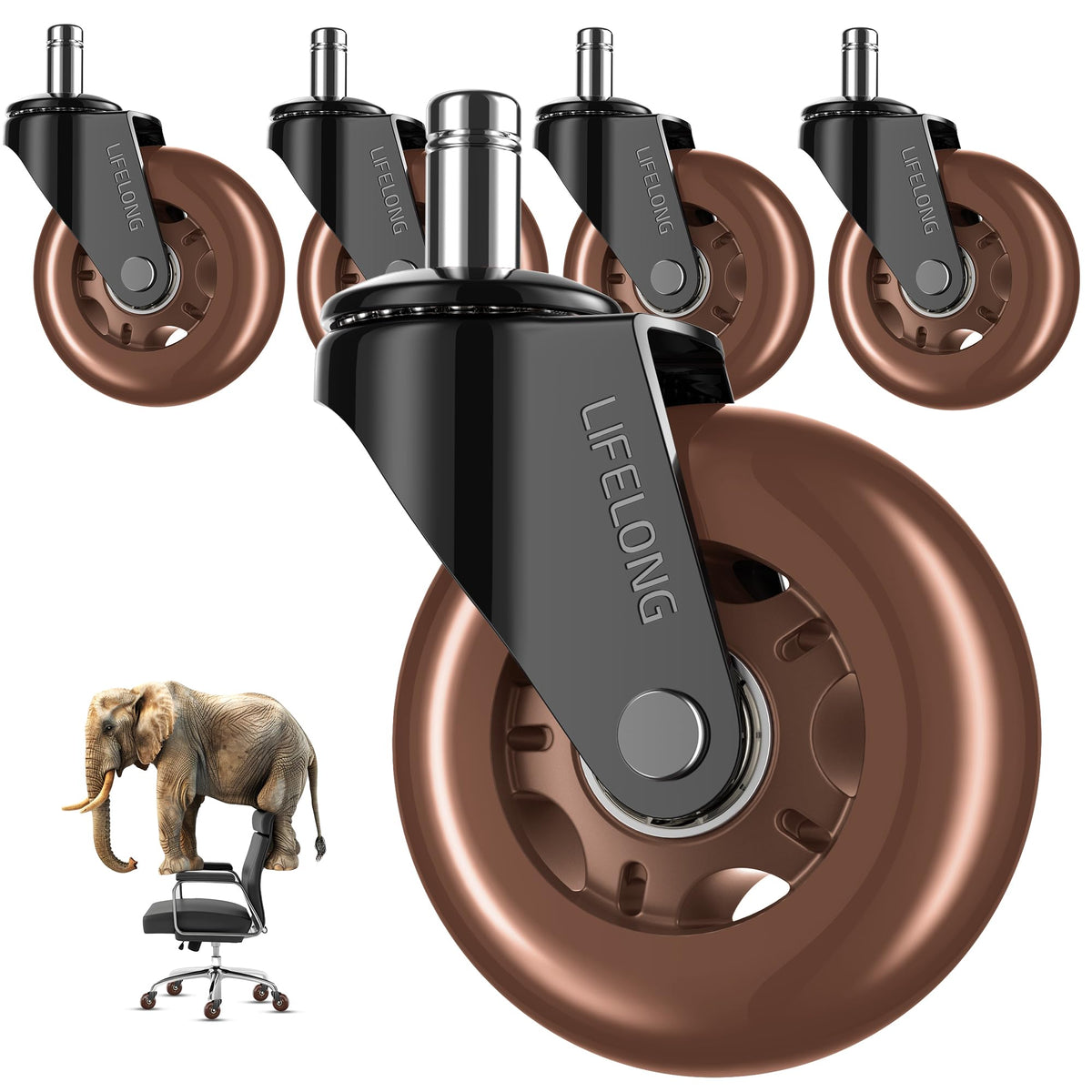 Lifelong Office Chair Wheels Replacement Rubber Chair Casters for Hardwood Floors and Carpet, Set of 5, Heavy Duty Casters for Chairs to Replace Office Chair Mats - Fits 98%