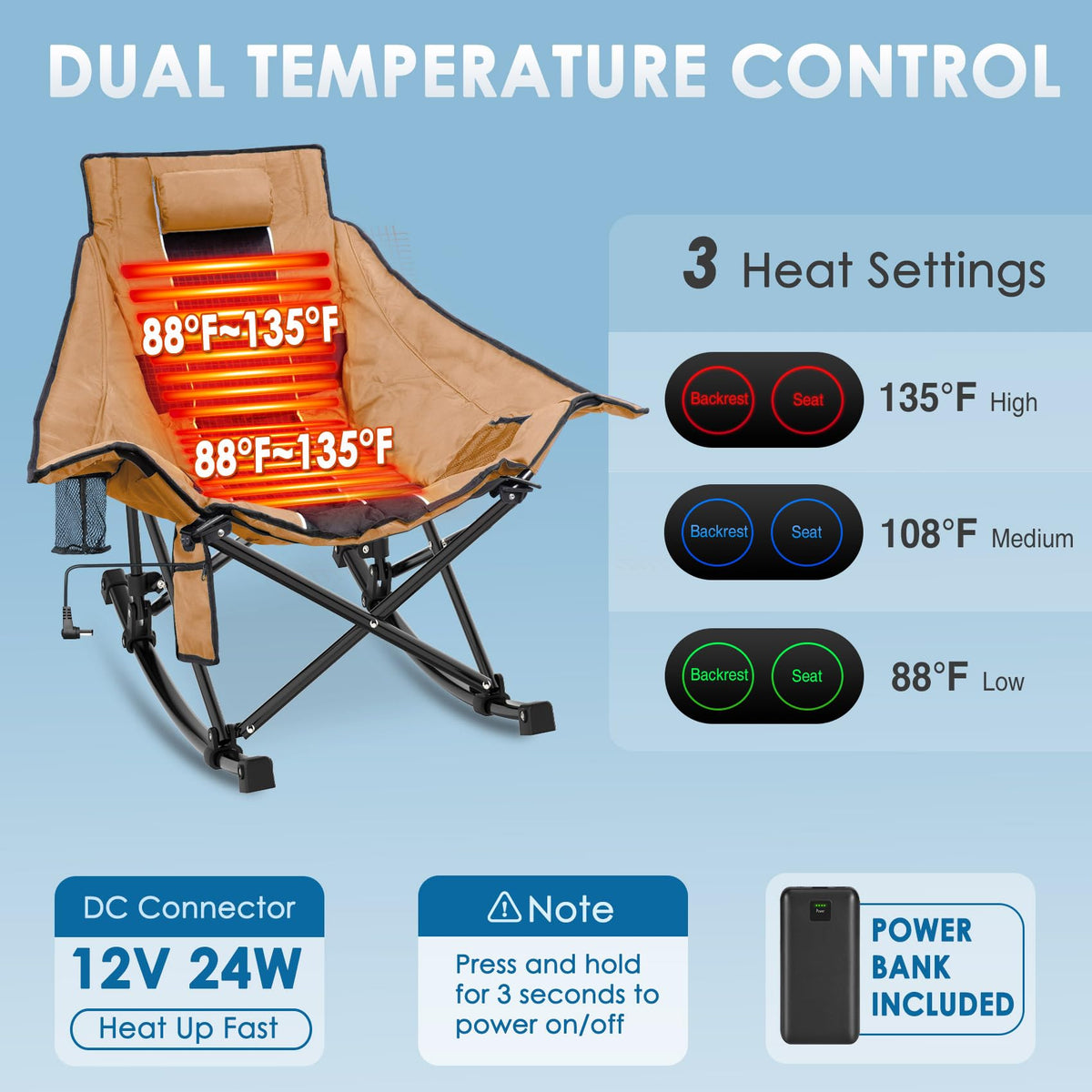 Suteck Heated Rocking Camping Chair, XL Oversized Rocking Chair Outdoor with 3 Heat Levels for Back and Seat, Heated Chairs Outdoor Sports W/20,000mAh Power Bank for Patio Lawn Picnic Travel