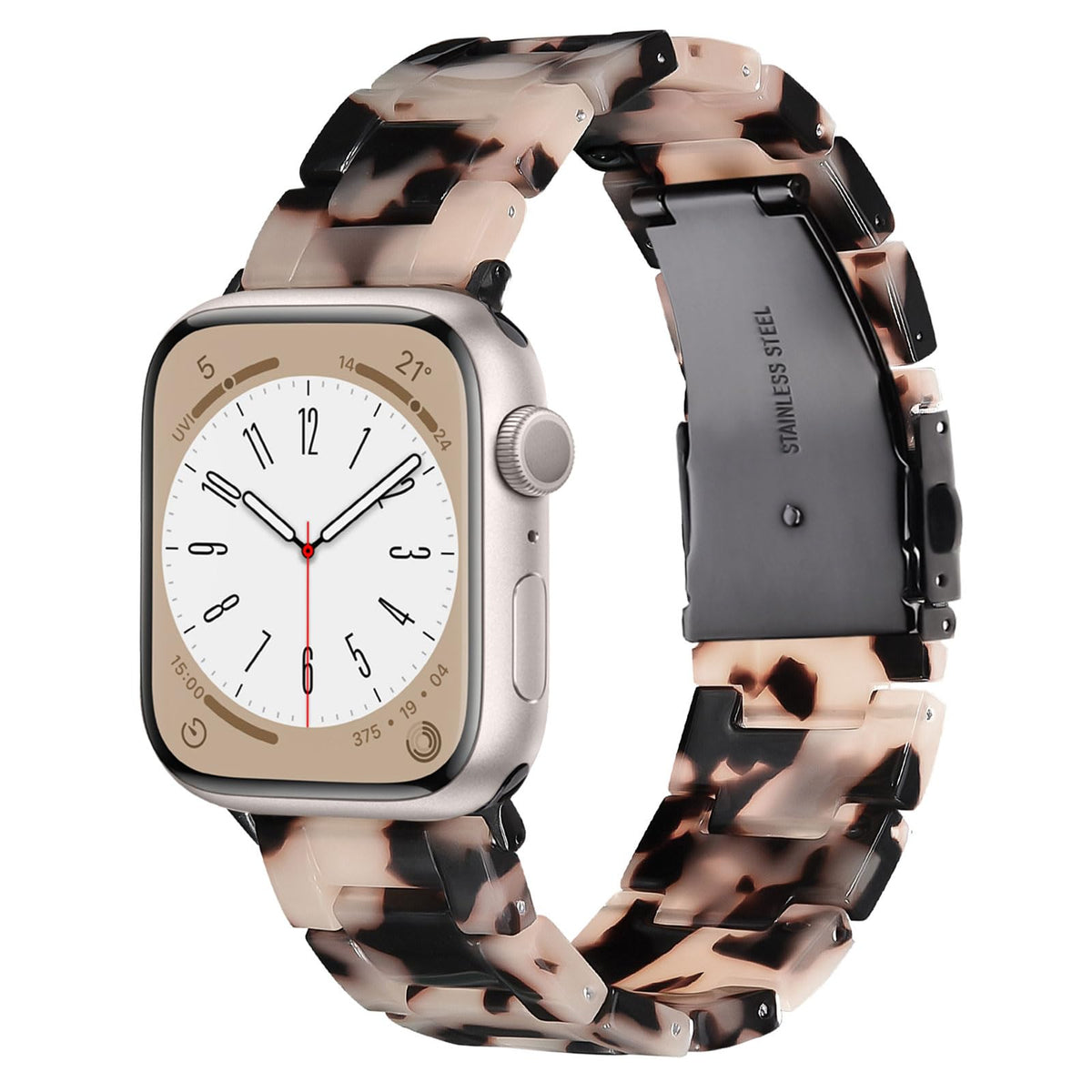 V.R.HOPE Resin Watch Band Compatible with Apple Watch Band for Women 38mm 40mm 41mm Tortoise Metal Buckle Wristband Bracelet Strap for iWatch Series 10 9 8 7 6 5 4 3 2 1 SE (Black Floral)