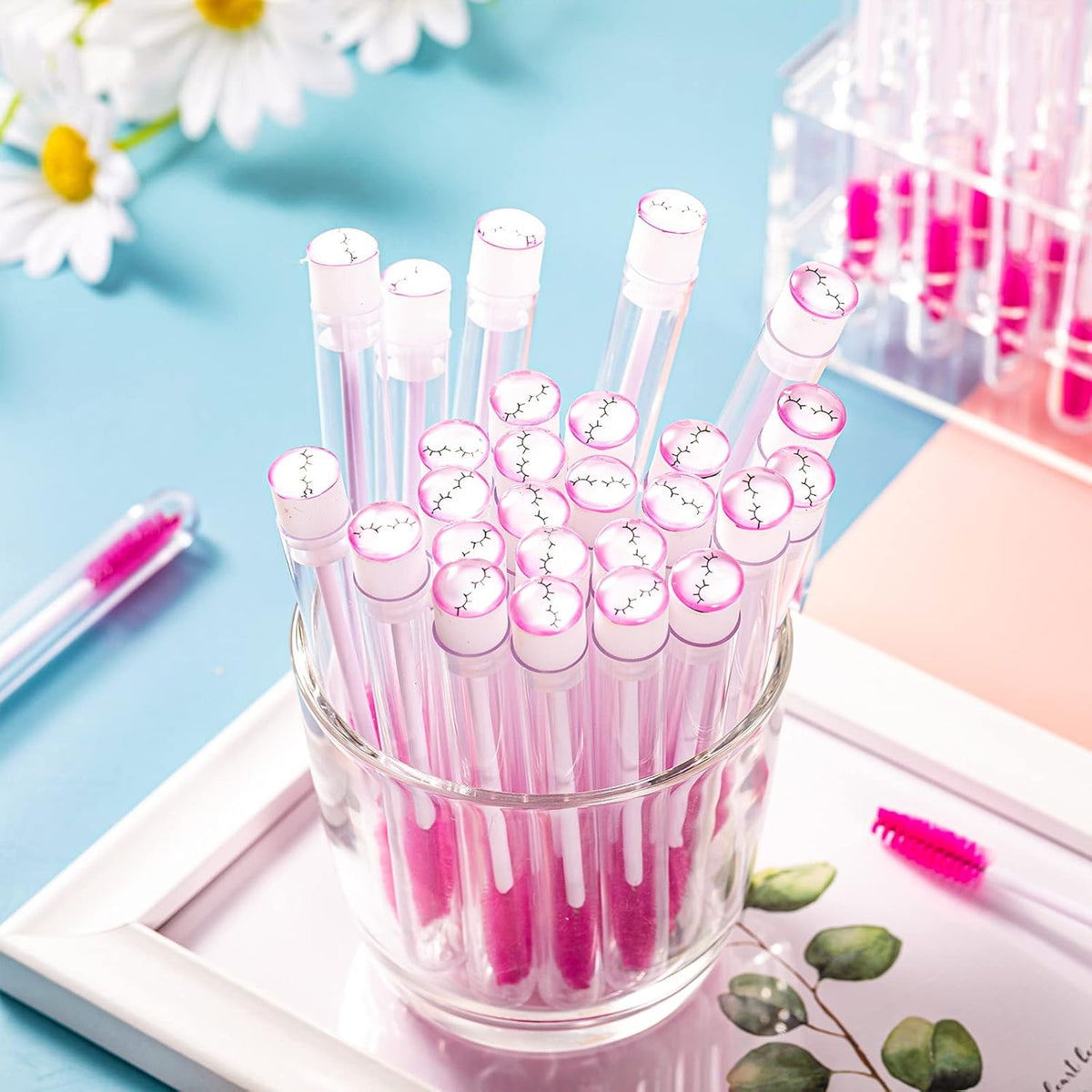 80 Pieces Disposable Mascara Brushes Tubes Set, 40 Pieces Empty Mascara Wand Tube with 40 Pieces Eyelash Brush Makeup Tool for Eyelash Extension(Pink Eyelash Style)