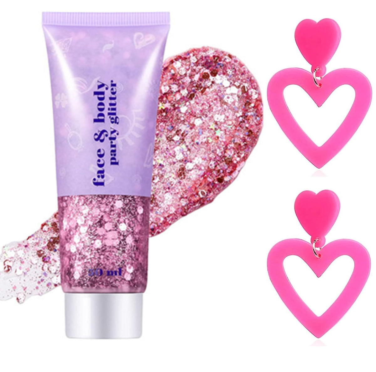 Go Ho Pink Body Glitter Gel and 2 PCS Heart Earrings for Women,Sparkle Holographic Chunky Sequins Glitter Gel with Pink Heart Earrings for Singer Concerts Makeup