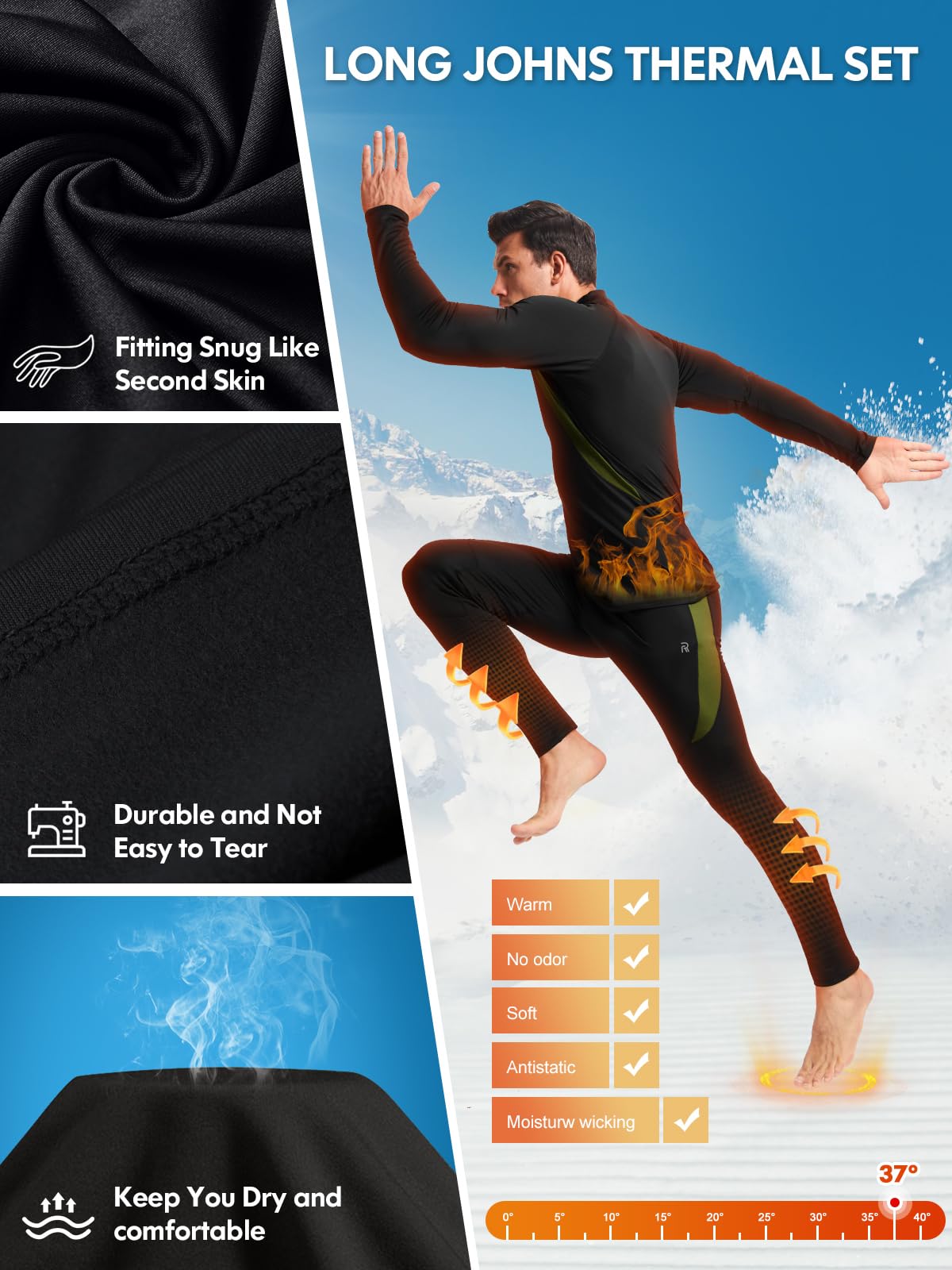 Mens Thermal Underwear Set- Long Johns for Men Base Layer Winter Hunting Gear for Cold Weather A-Black
