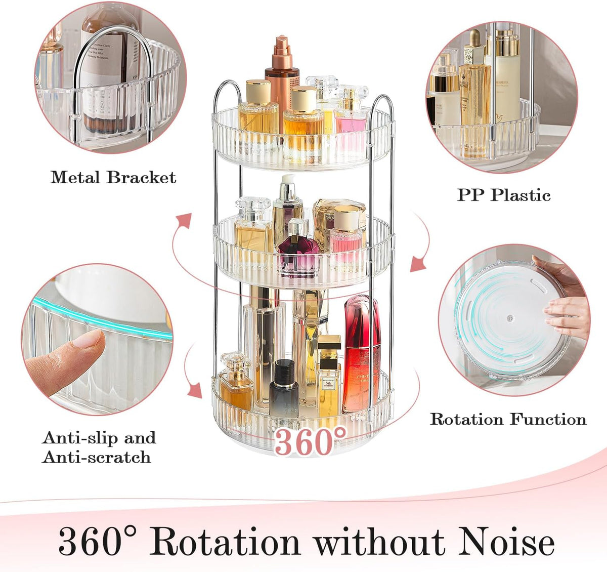 360° Rotating Makeup Organizer for Vanity, Spinning Cosmetics Organizer Holder Rack, Large Capacity Bathroom Organizer Countertop, Fits Perfume, SkinCare, Makeup Brushes 3 Tiers, Transparent