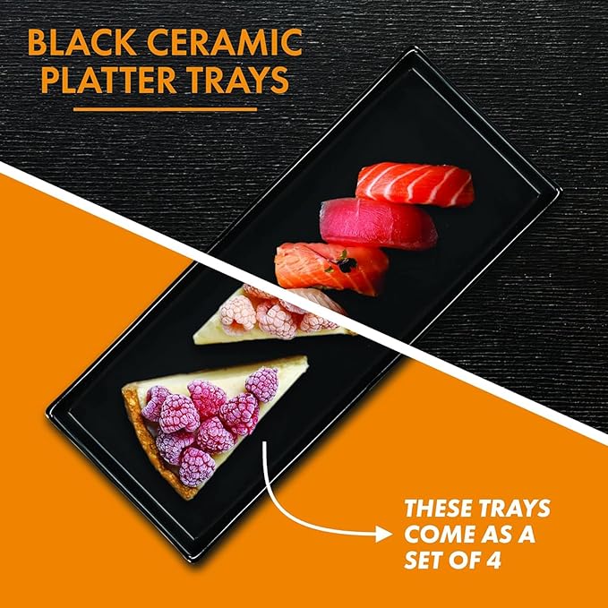 Set of 4 Rectangular Serving Plastic Platters 14 x 6 Inches Versatile Dishes for Entertaining, Perfect for Appetizers, Desserts, Cheese Boards, Charcuterie, and Sushi (Black)