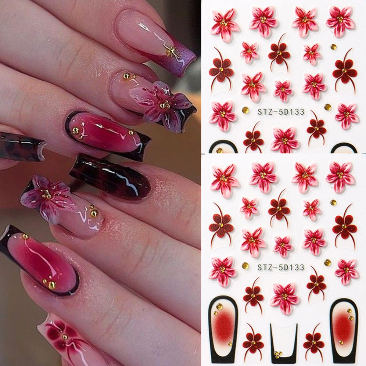 Leopard Print Nail Art Stickers Decals French Tip Nails Stickers 5D Embossed Flower Nails Decal Self-Adhesive Nail Art Decal for Women Manicure Decor