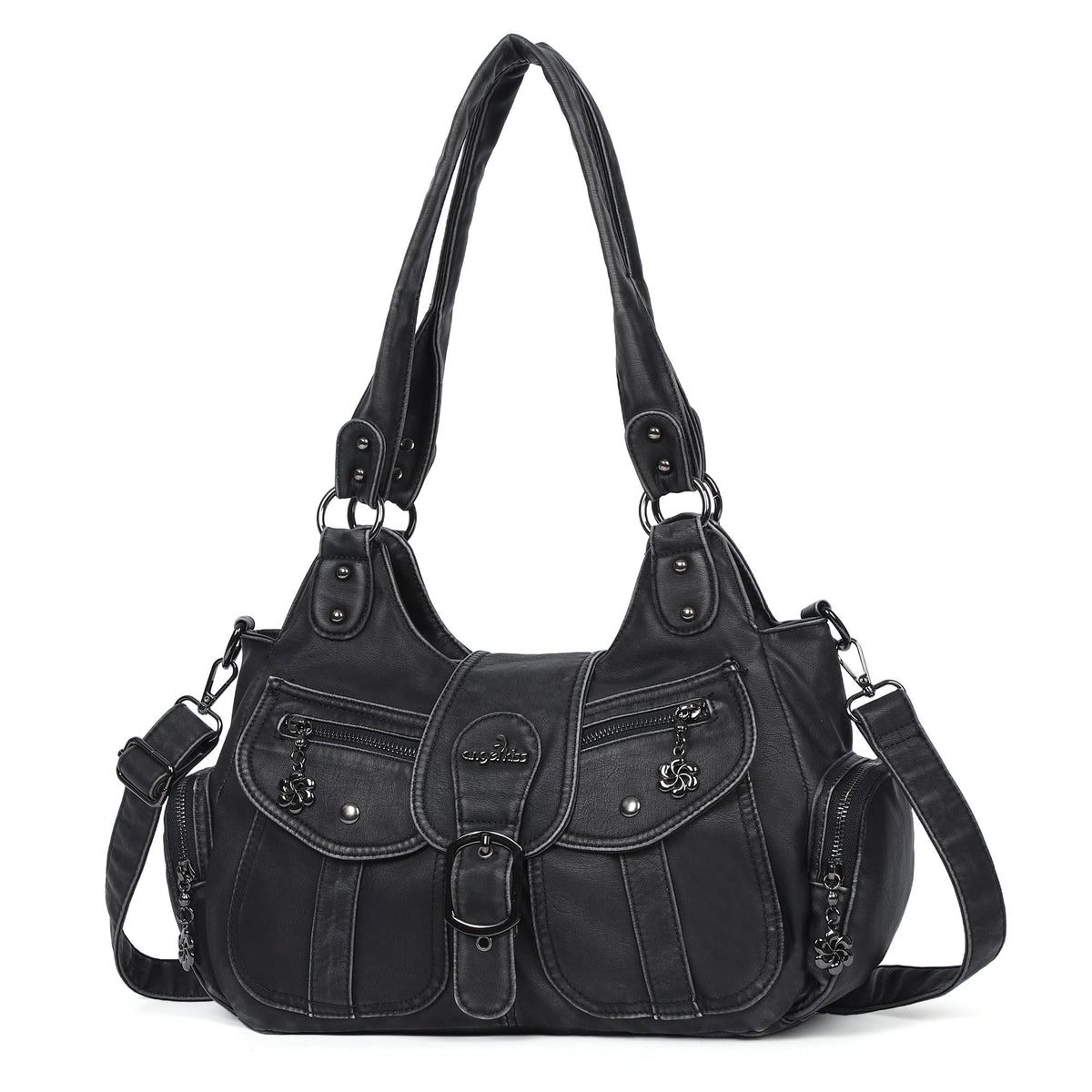 Angel Kiss Hobo Bags for Women Vegan Leather Shoulder Purses and Handbags Ladies Roomy Tote Bags Purse with Crossbody Strap,Black