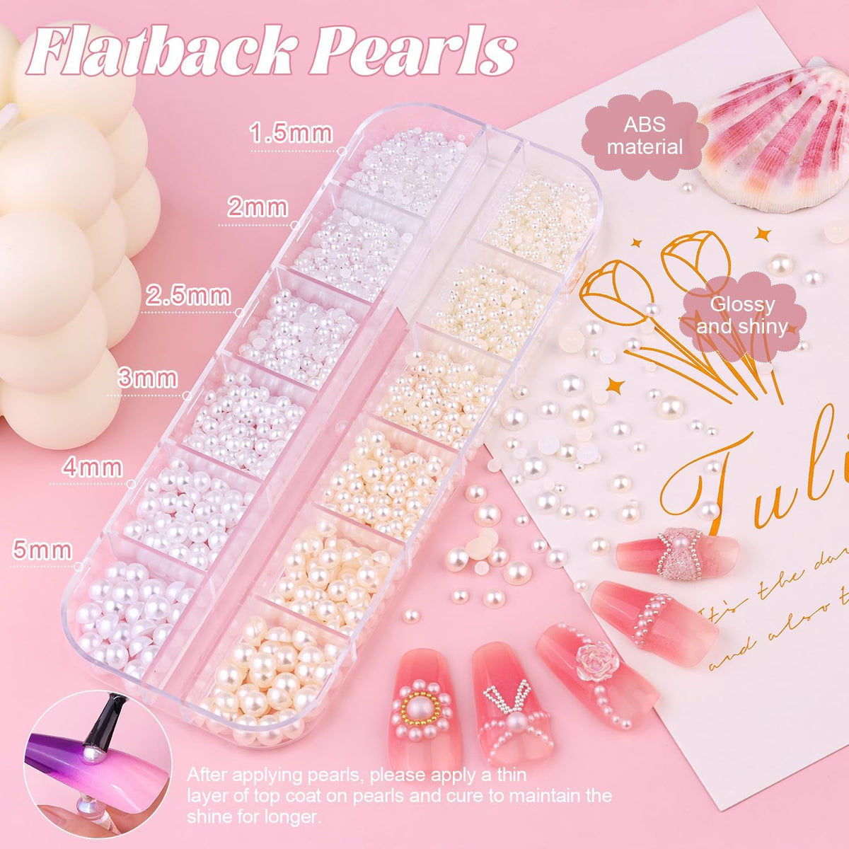 2 Boxes Flatback Pearls (White+Beige) And Metal Nail Beads (Silver+Gold) For Nail Art, Luxurious Pearl Nail Charms and Gems and Small Round Caviar Beads Nail Accessories For Acrylic Nail Tips Manicure