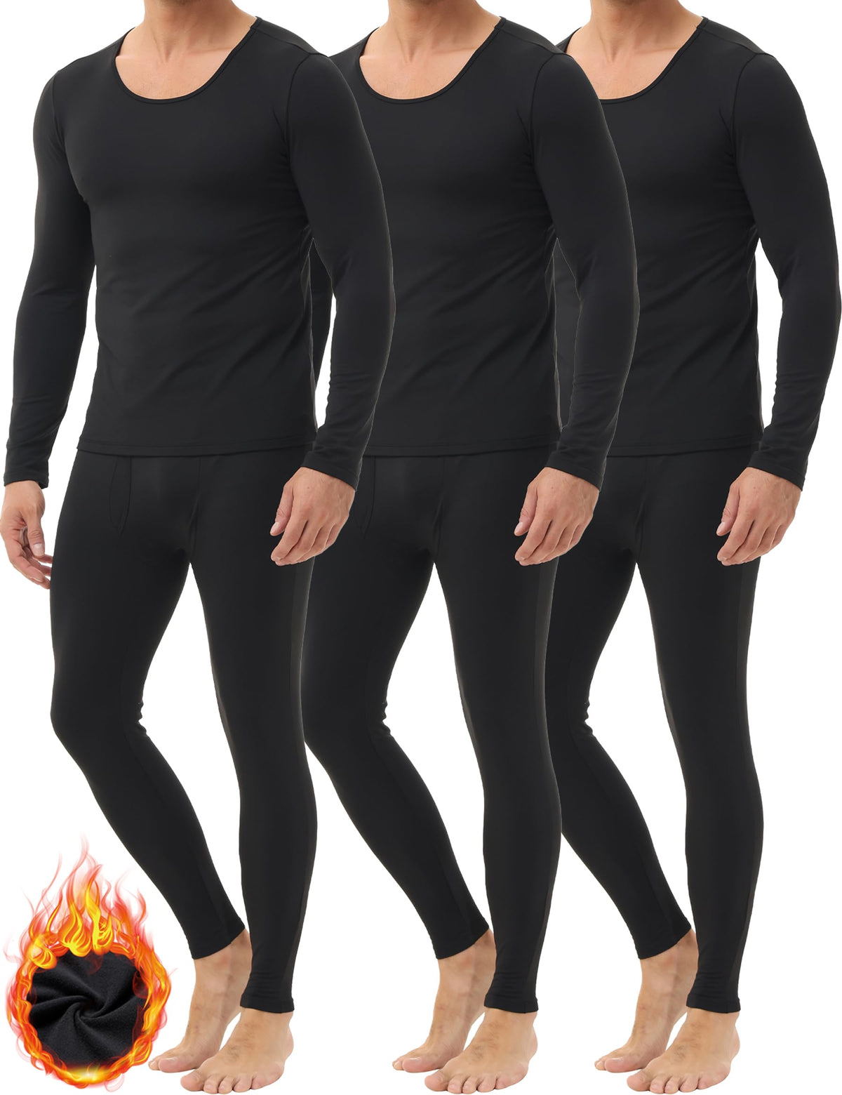 Winvote 3 Pack Thermal Underwear for Men Long Johns Fleece Lined Soft and Warm Set Base Layer for Cold Weather Black-Black-Black S