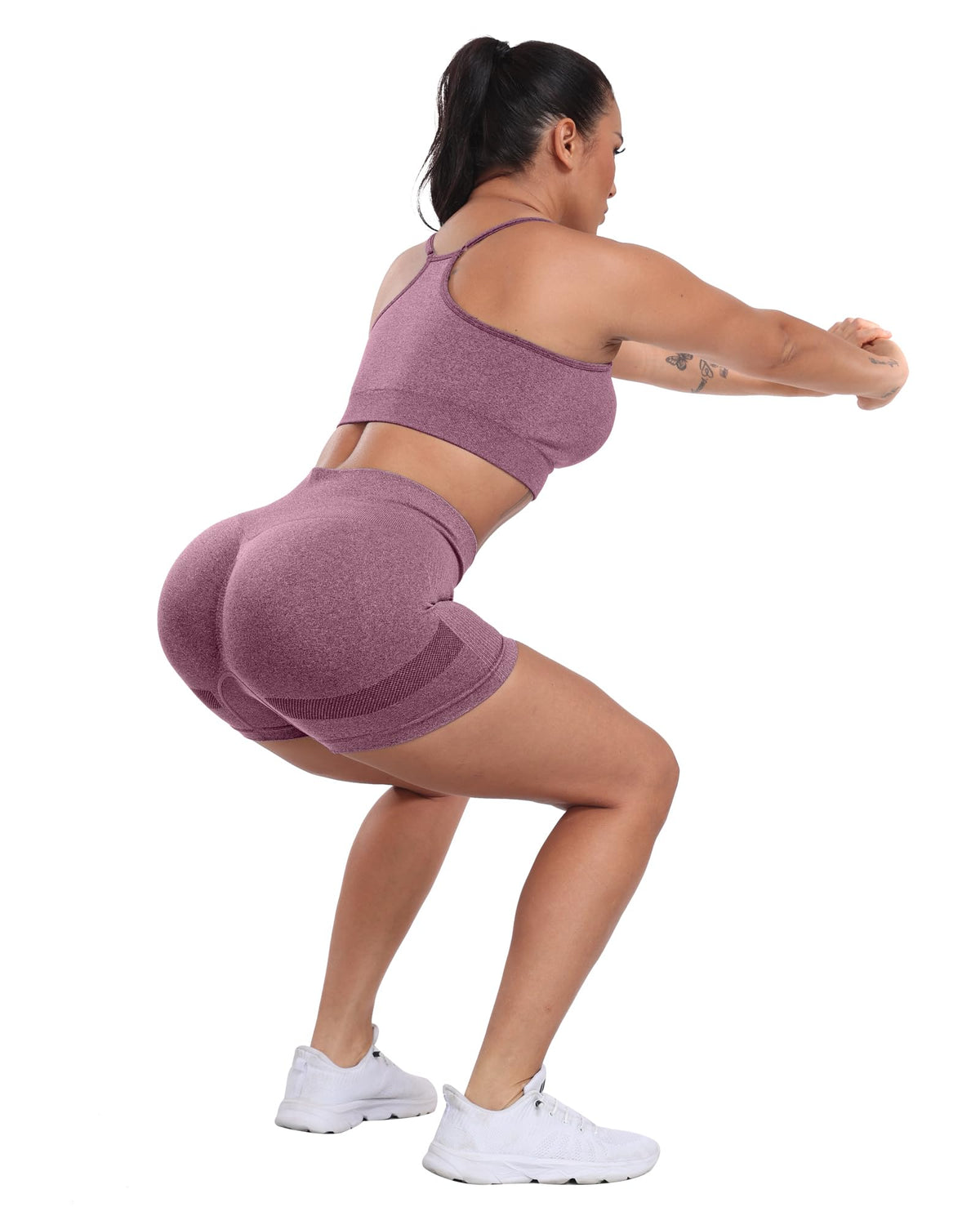 CHRLEISURE Women's 4 Packs Workout Gym Shorts, High Waisted Butt Lifting Scrunch Butt Seamless Booty Shorts(Black,Black,DGray,Wine,S)