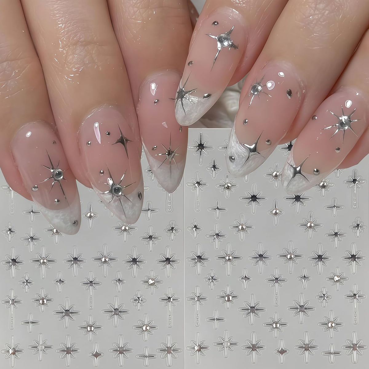 6 Sheets Star Nail Stickers for Nail Art, Shiny Crystal Diamond Stars Heart Silver Gold Self-Adhesive Nail Art Stickers Decals Design Everyday Salon Nail Art DIY Decoration Supplies for Women