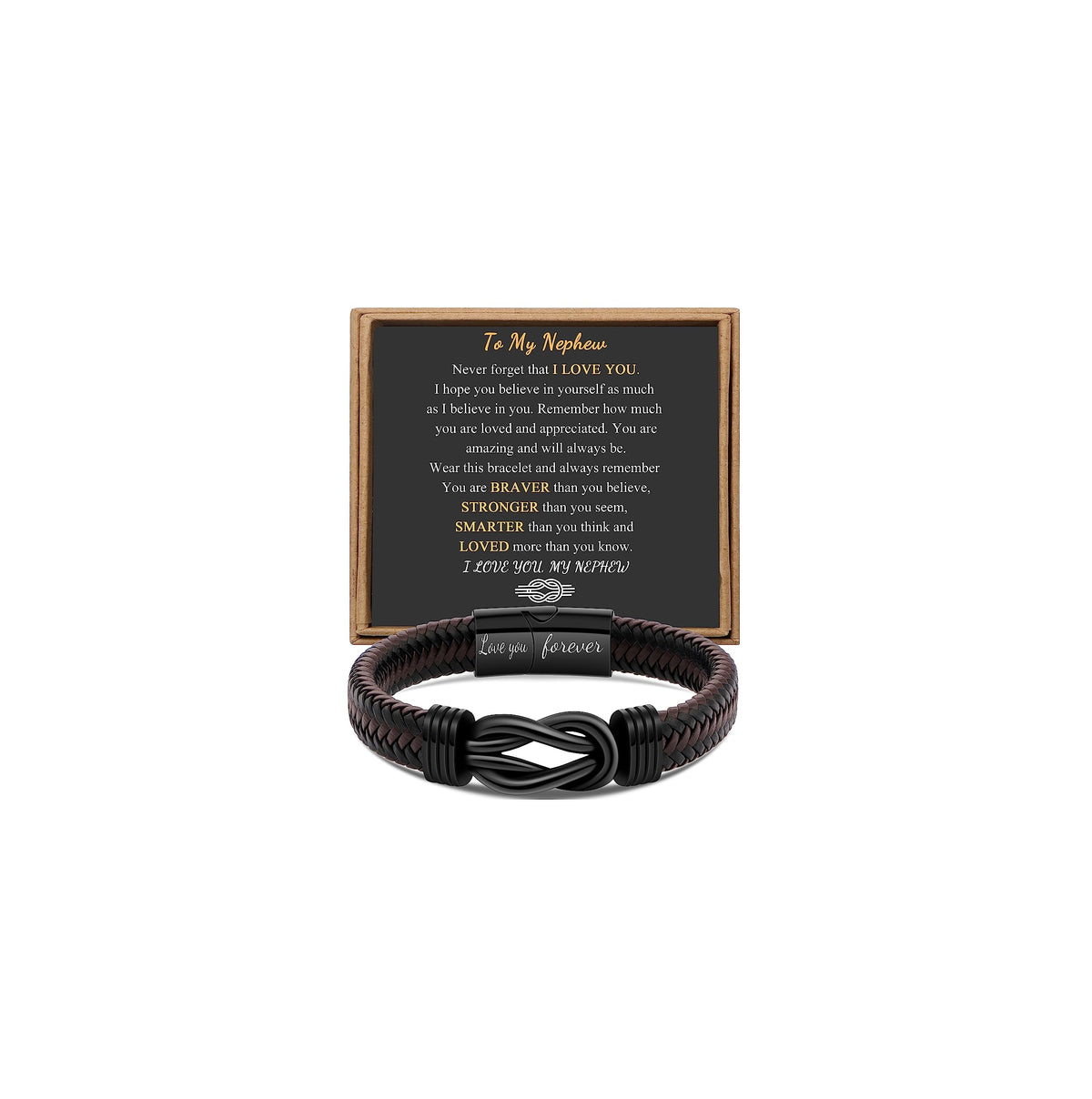 Gift for Men Infinity Bracelet for Men Dad Husband Boyfriend Son Grandson Brother Nephew Uncle Brown Braided Leather Forever Linked Together Stainless Steel Engraved with Love You Forever Jewelry 7.5|8.5|9 Inches