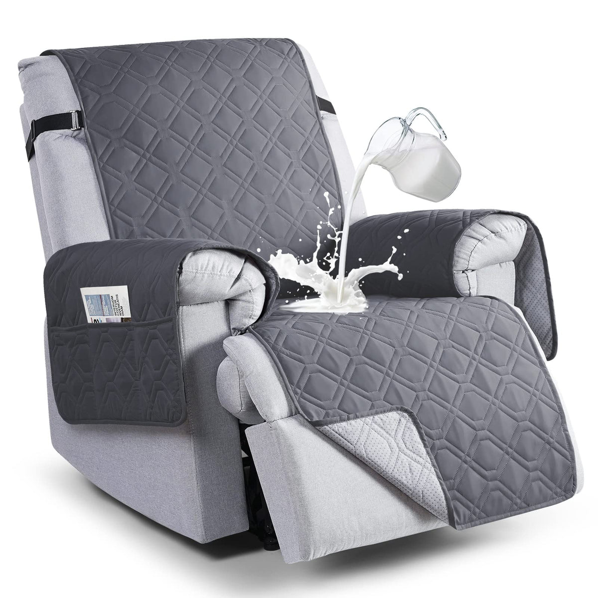 VANSOFY 100% Waterproof Recliner Chair Covers, Recliner Cover Non-Slip Dog Chair Cover Furniture Protector Washable Slipcover with Pocket, Elastic Straps for Pets, Dogs(Dark Gray, 30")