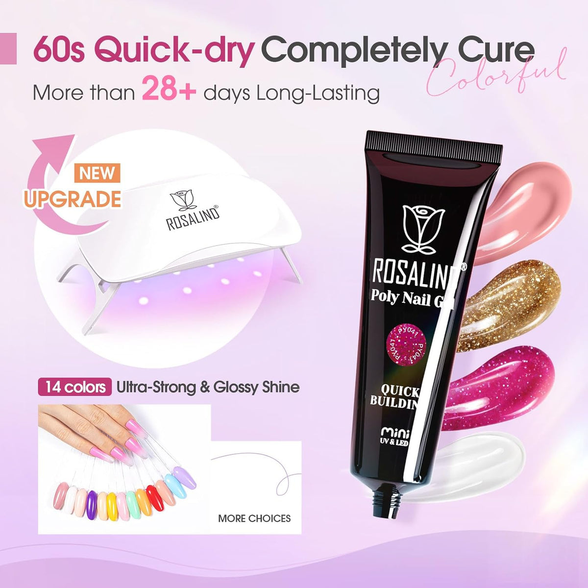 ROSALIND Poly Nail Gel Colors Kit -14 Colors +72 Nail Art Accessories kit Glitter Poly Nails Gel Kit Starter Kit with Mini UV Lamp Slip Solution Nude Pink Poly Nail Art for Beginners with Everything