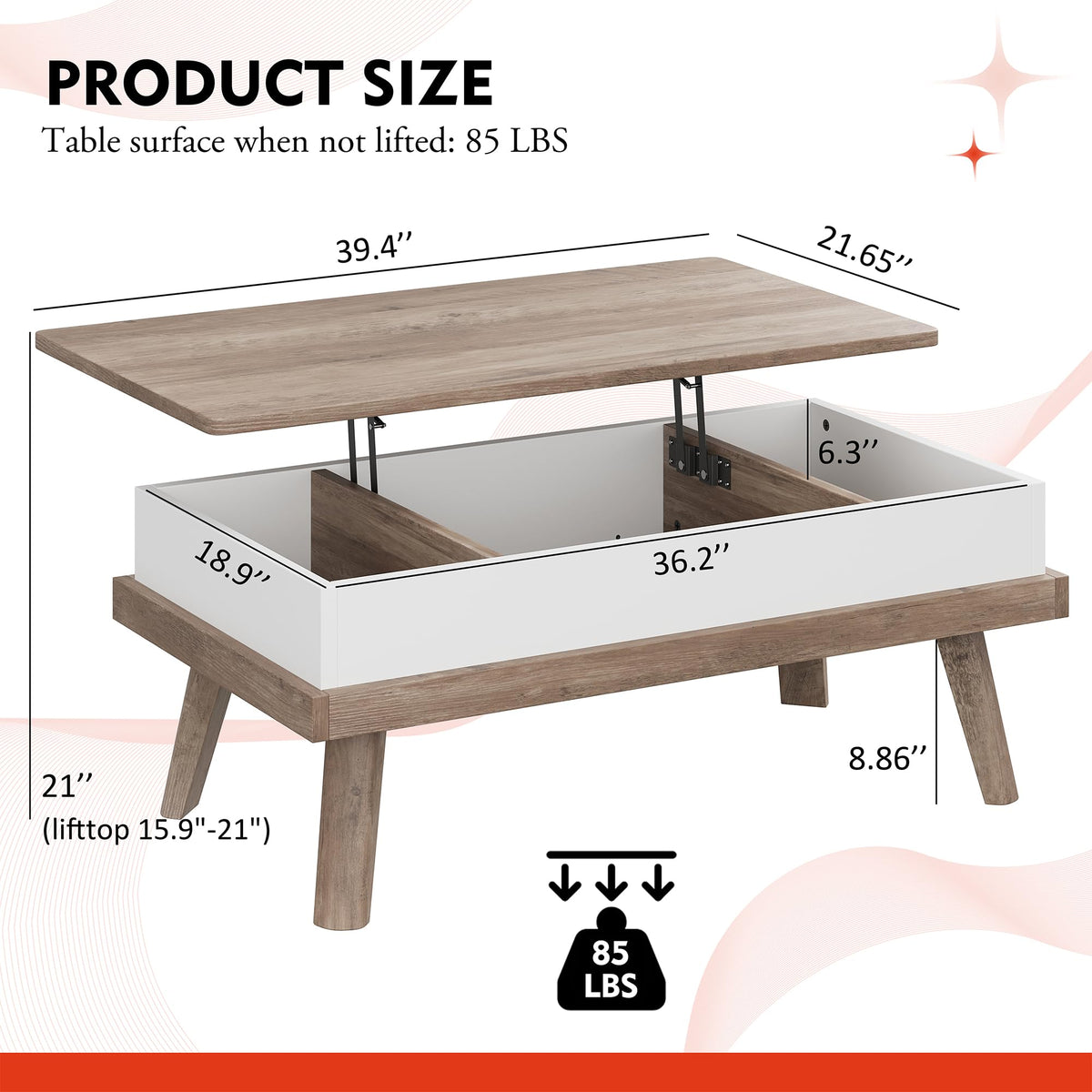 Meilocar Wood Coffee Table, Lift Top Coffee Table with Hidden Compartment, Living Room Reception Room, 39.4in L, Ivory