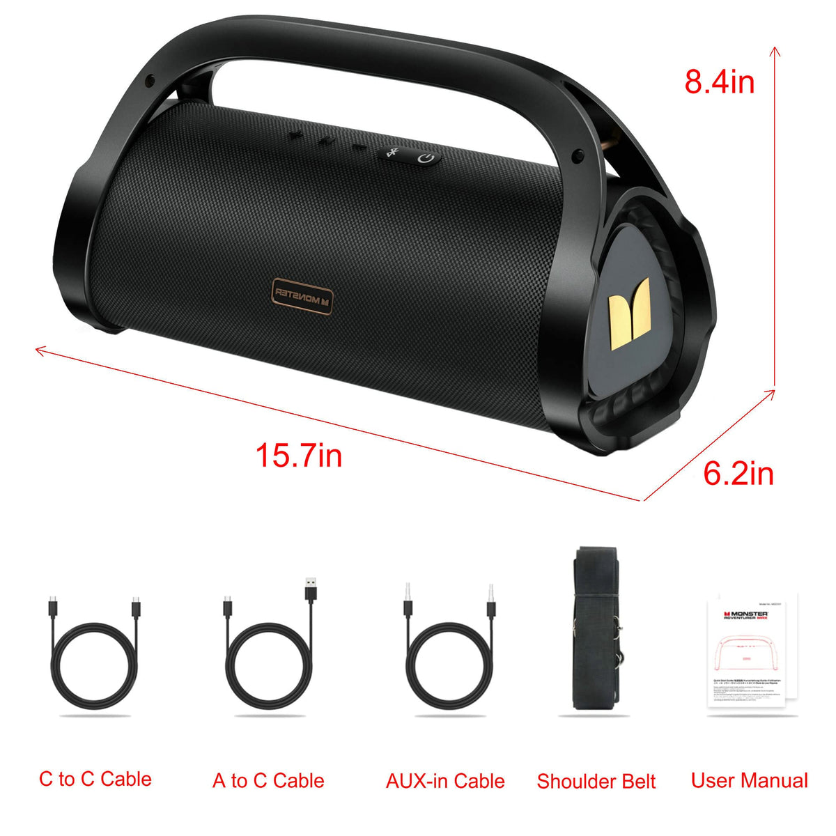Monster Adventurer Max Portable Bluetooth Speaker, IPX7 Waterproof Wireless Speaker with Double Subwoofer Rich Bass, 100W Stereo Loud Sound with 24H Playtime for Outdoor, Beach, Gold