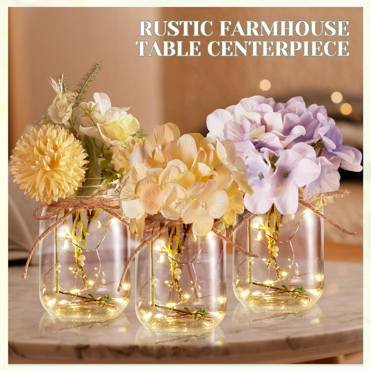 Chunful 6 Pcs Glass Mason Jar with LED Lights for Table Centerpiece Decorations Set Clear Rustic Farmhouse Coffee Table Decor with LED Lights for Wedding Dining Room Kitchen Decor
