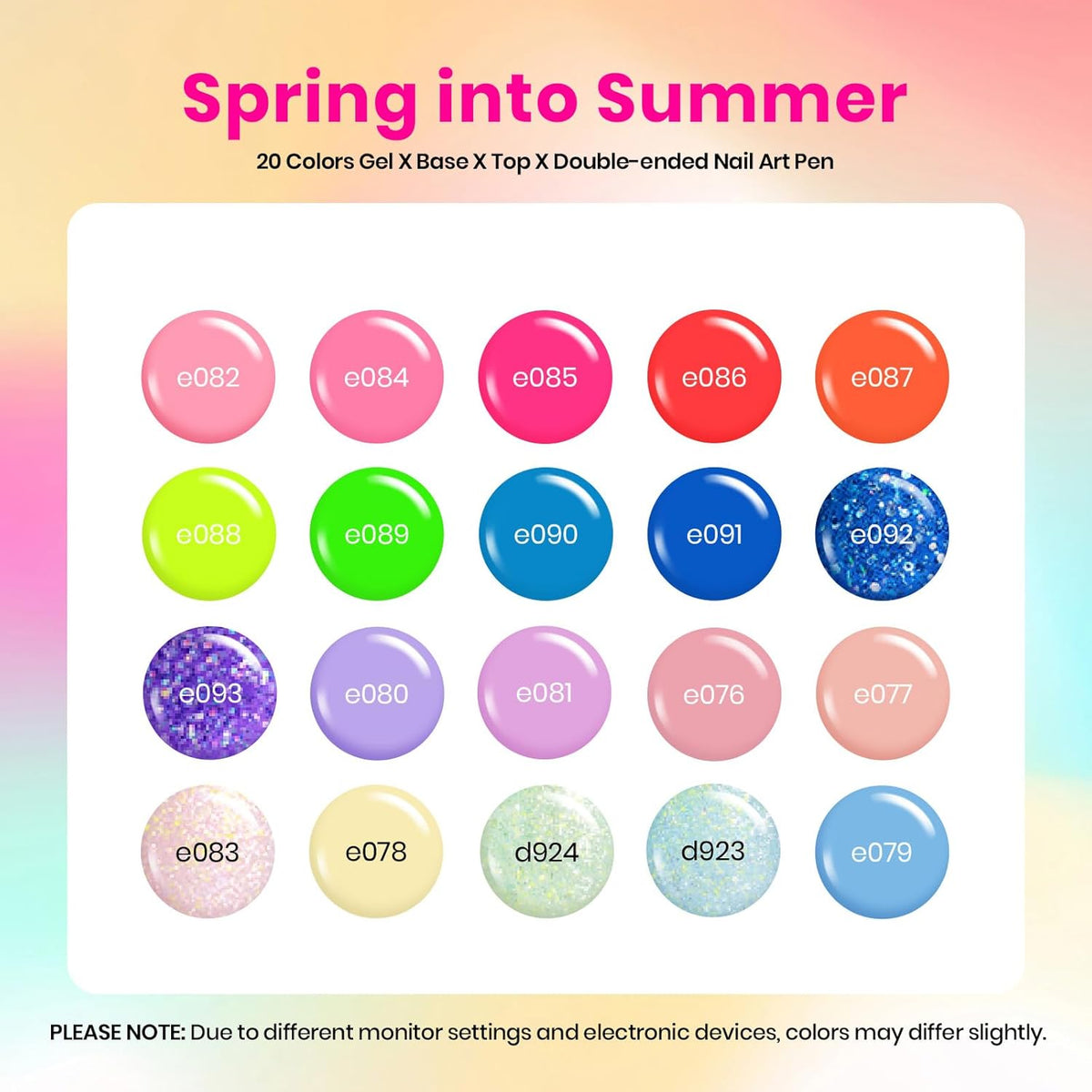 Beetles Summer Gel Nail Polish Set - 20 Color Neon Bright Colors Red Hot Pink Glitter Gel Polish Kit with Base Top Coat Soak Off Uv Led Nail Gifts for Women