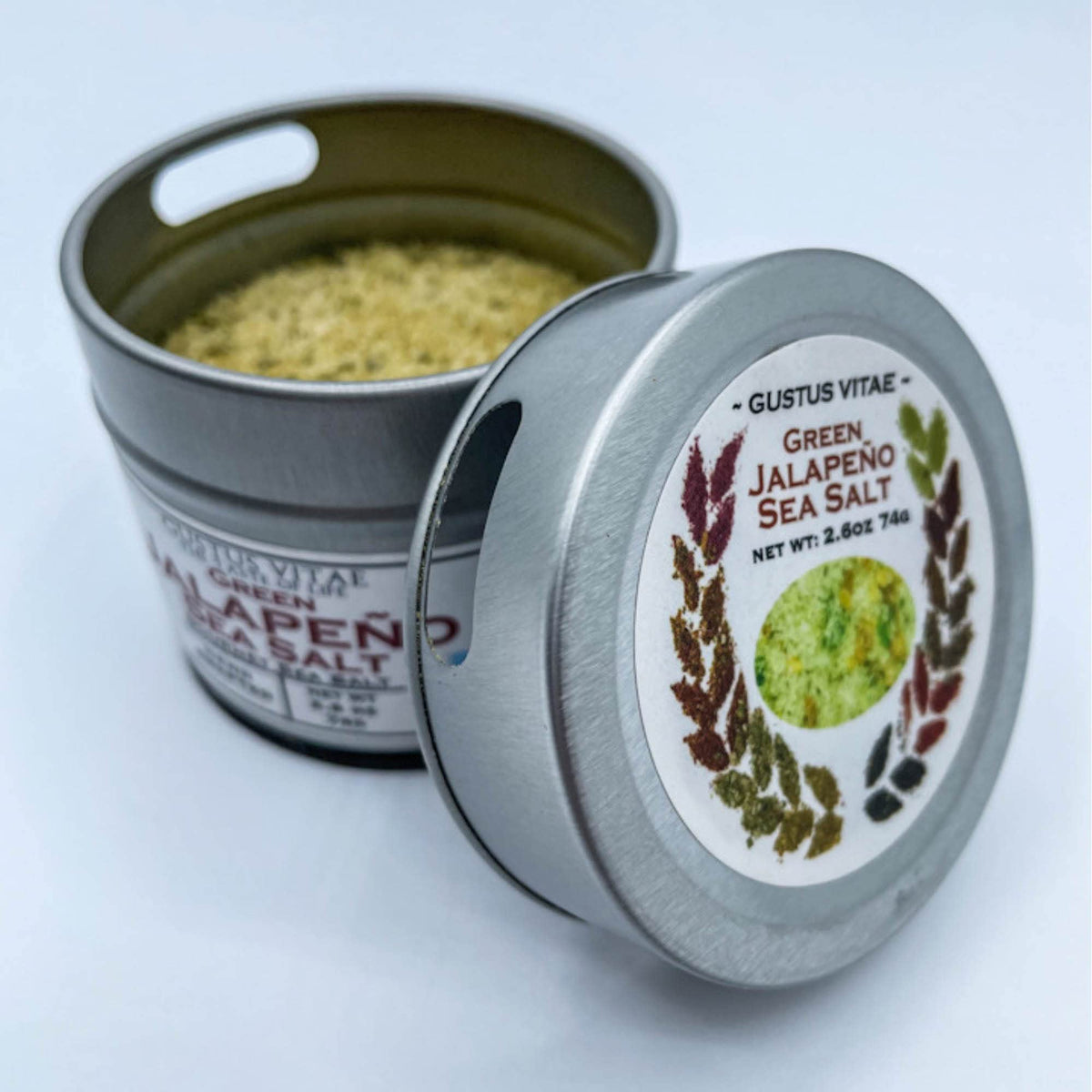 Green Jalapeño Sea Salt | All Natural, Non GMO | Authentic Craft Gourmet Seasoning | Small Batch, Hand Crafted Seasoning | Made in USA | Sustainably Sourced, Ultra Premium Sea Salt | GLP-1 Friendly | Magnetic Tin | Gustus Vitae