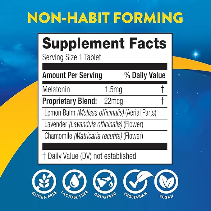 MidNite Back To Sleep Low Dose, 1.5 mg Melatonin Sleep Aid, Non-habit Forming, Herbal Dietary Supplement For Adults, Drug-free, Gluten-free, Lactose-free, Vegetarian, Vegan, 30 Quick Melt Tablets 2 ct