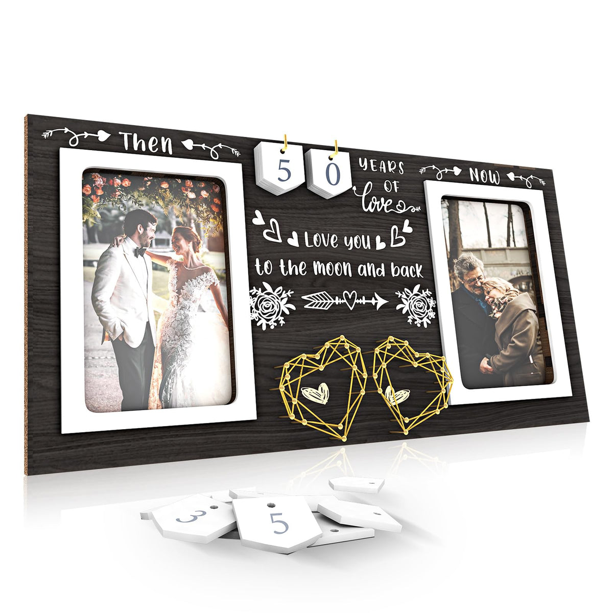 Then & Now Anniversary Picture Frame - 1-99 Years Anniversary Wedding Gift for Couple, Engagement Bridal Shower Gifts for Couples Wood Photo Frame Holds 2 4x6 Inches Photos