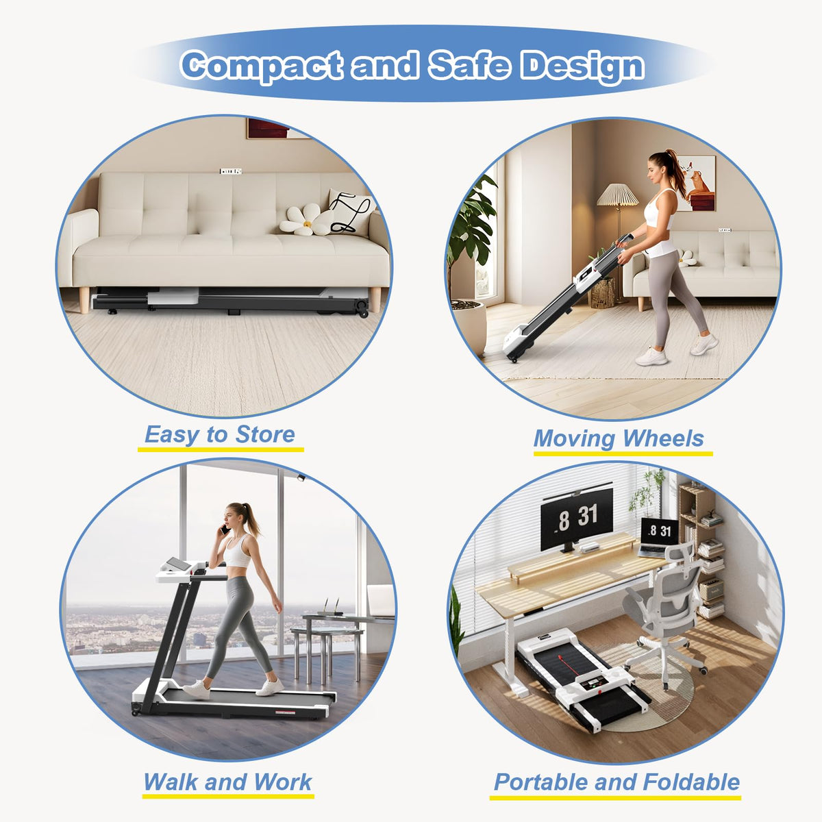 Juturna Treadmills for Home, Walking Pad with Handle Bar, Portable Foldable Treadmill, 3.0 HP Walking Pad with 300 LBS Capacity, Folding Treadmill with LED Display, White