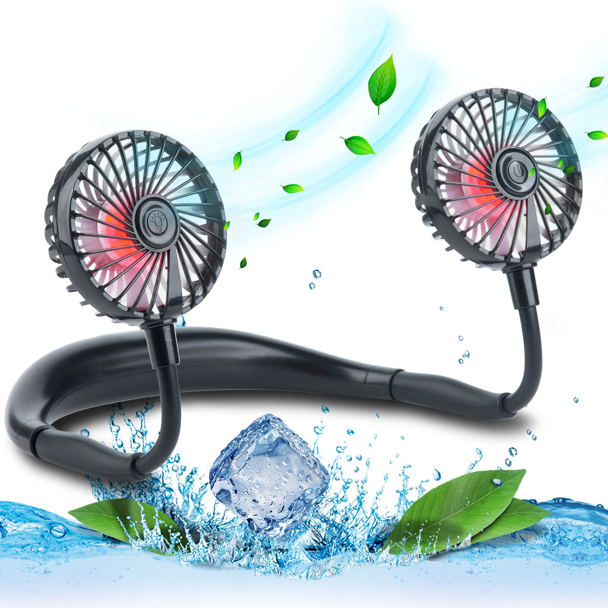 VAGAU Portable Cooling Neck Fan, Rechargeable USB Personal Neck Fans with Colorful LED lights, 360° Rotation, Wearable Neck Fan Air Conditioner for Office Travel Sport, 3 Adjustable Speeds（Black）