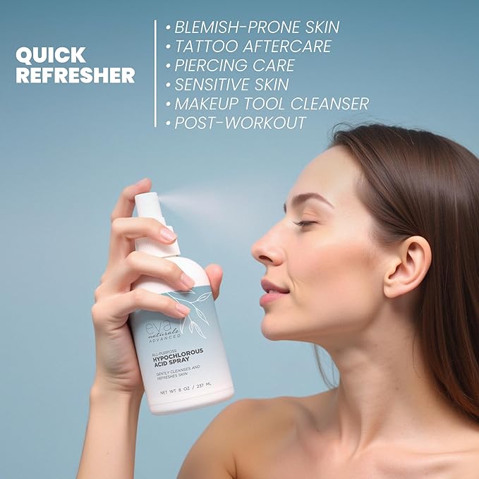 Hypochlorous Acid Spray for Face, Skin, and Body – HOCl Facial Mist Toner, Hydrating Cleanser for Acne, Eczema, Rosacea, Eyelids, Pets, Workout, Baby, Back, Redness, Sensitive Care Spray - 8 oz.