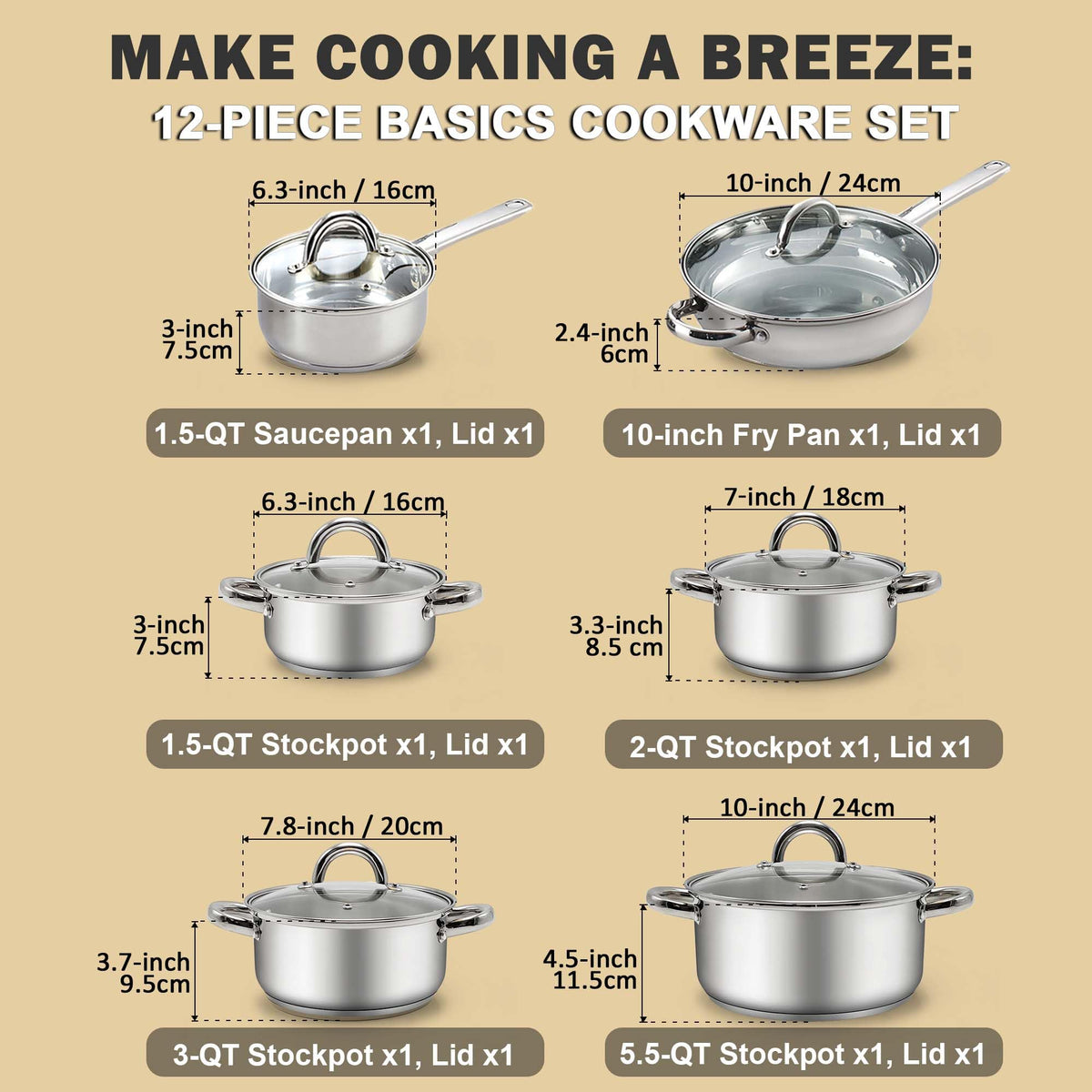 Cook N Home Kitchen Cookware Sets, 12-Piece Basic Stainless Steel Pots and Pans, Silver