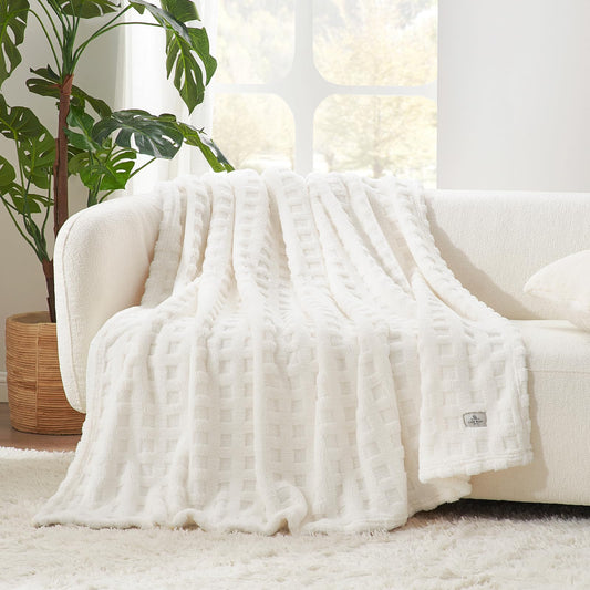 Cozy Bliss Ultra Soft Waffle Blanket - Lightweight Cozy Blankets Gift for Women,Cute Checkered Throws Blanket for Bed, Couch and Sofa,Ivory,50x60 Inches