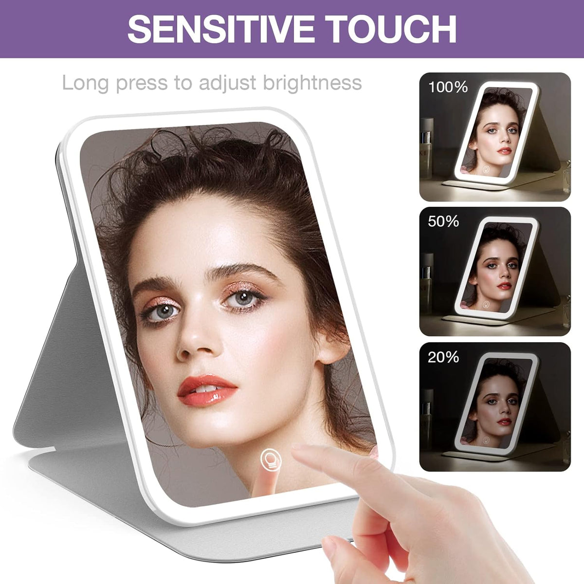 Kintion Travel Makeup Mirror, Portable LED Lighted Makeup Mirror, 360° Rotation Touch Screen Vanity Mirror, 60 LEDs, 3-Color Dimmable Lighting, Rechargeable Tabletop Folding Cosmetic Mirror, Black