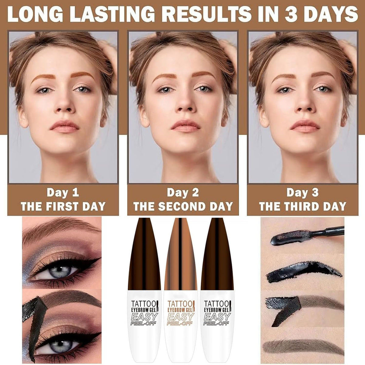 Tattoo Peel Off Eyebrow Gel Tint, Long Lasting Brow Tint, Transfer Proof and Waterproof Tint Peel Off Brow Gel, Last Up to 3 Days, For Fuller & Defined Brows Makeup, Brown